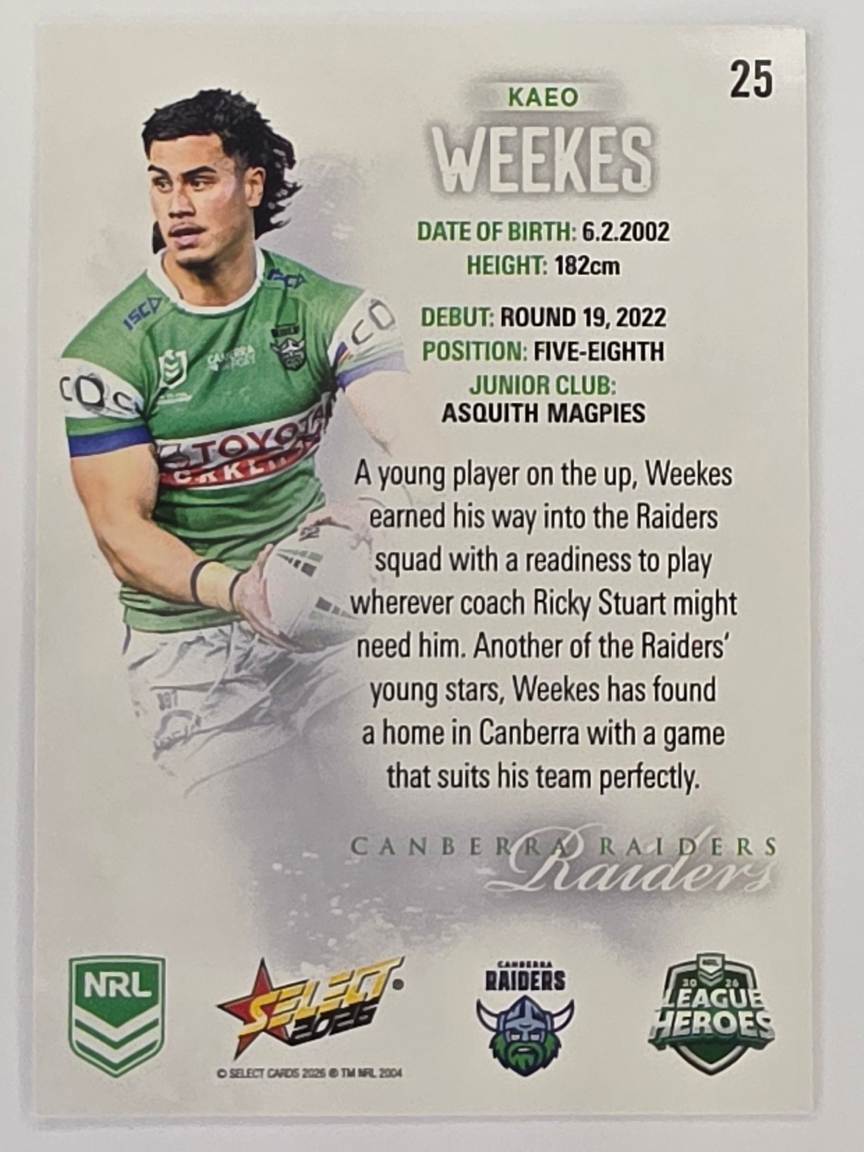 NRL 2026 League Heroes | Base | #025 | Kaeo Weekes | Canberra Raiders