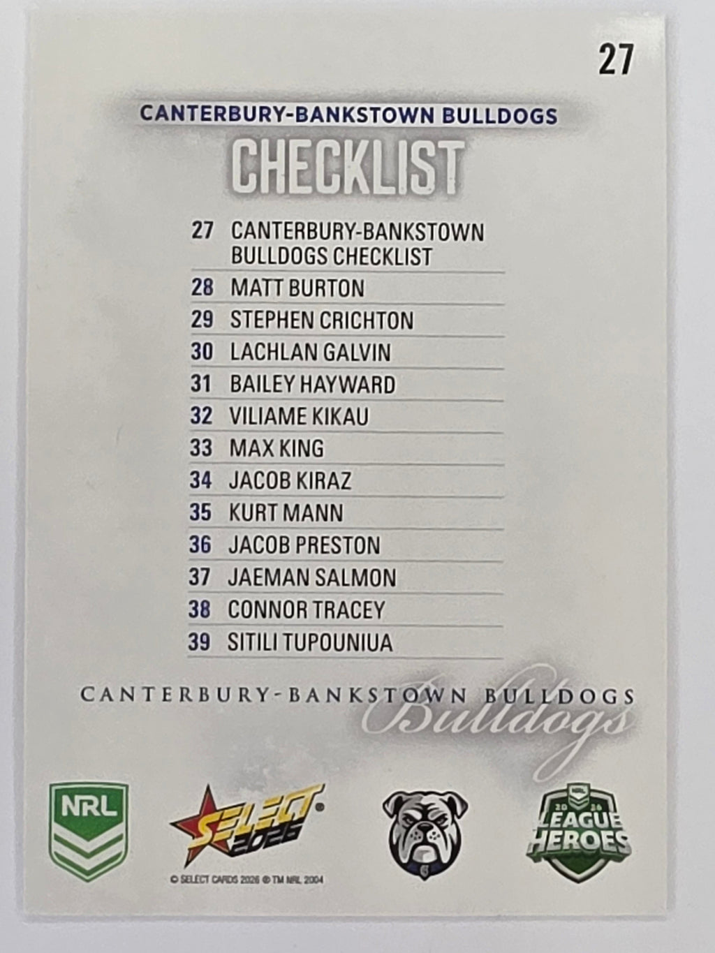 NRL 2026 League Heroes | Base | #027 | Logo | Canterbury-Bankstown Bulldogs