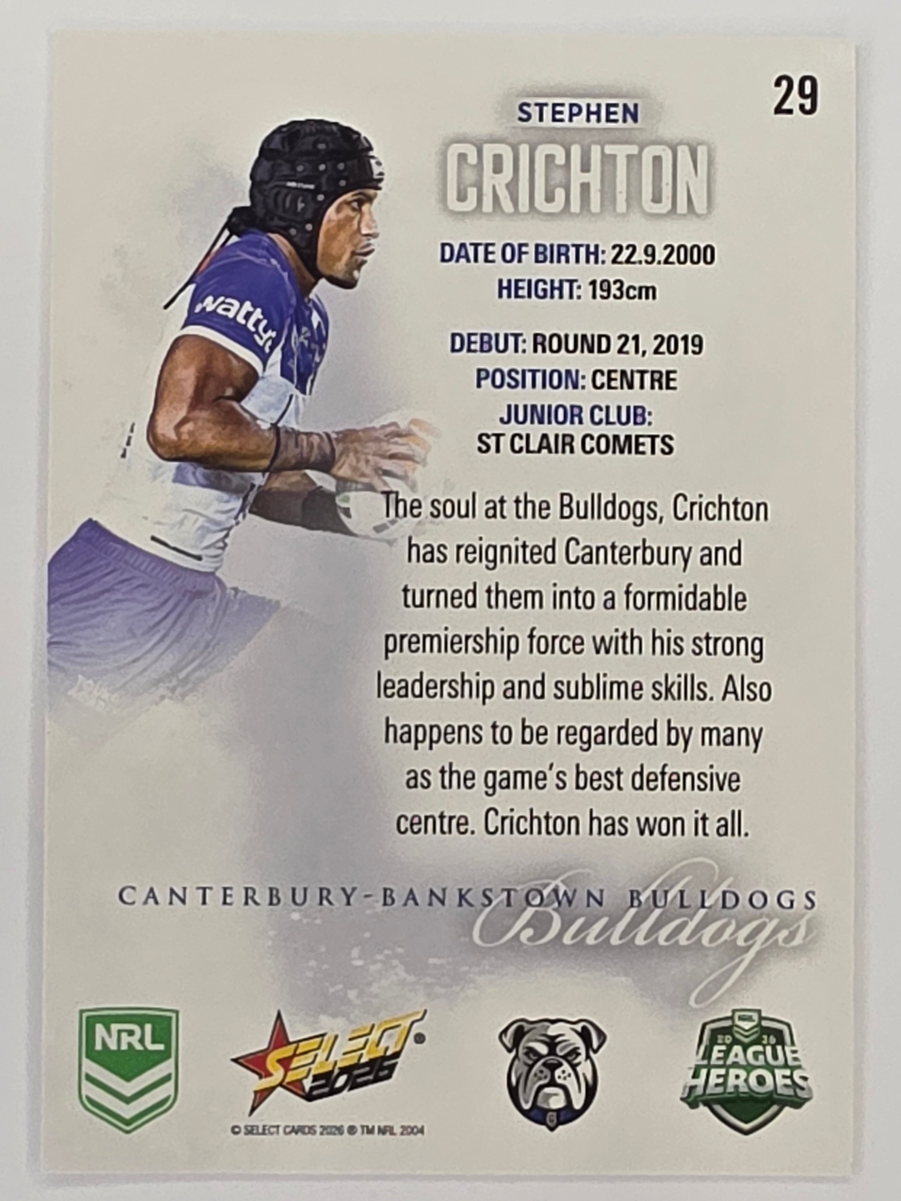 NRL 2026 League Heroes | Base | #029 | Stephen Crichton | Canterbury Bulldogs