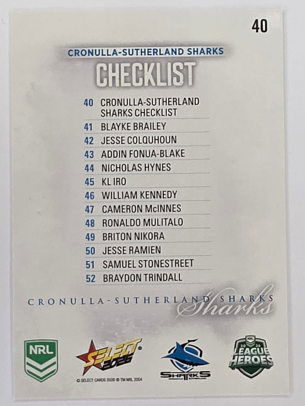 NRL 2026 League Heroes | Base | #040 | Logo | Cronulla Sharks