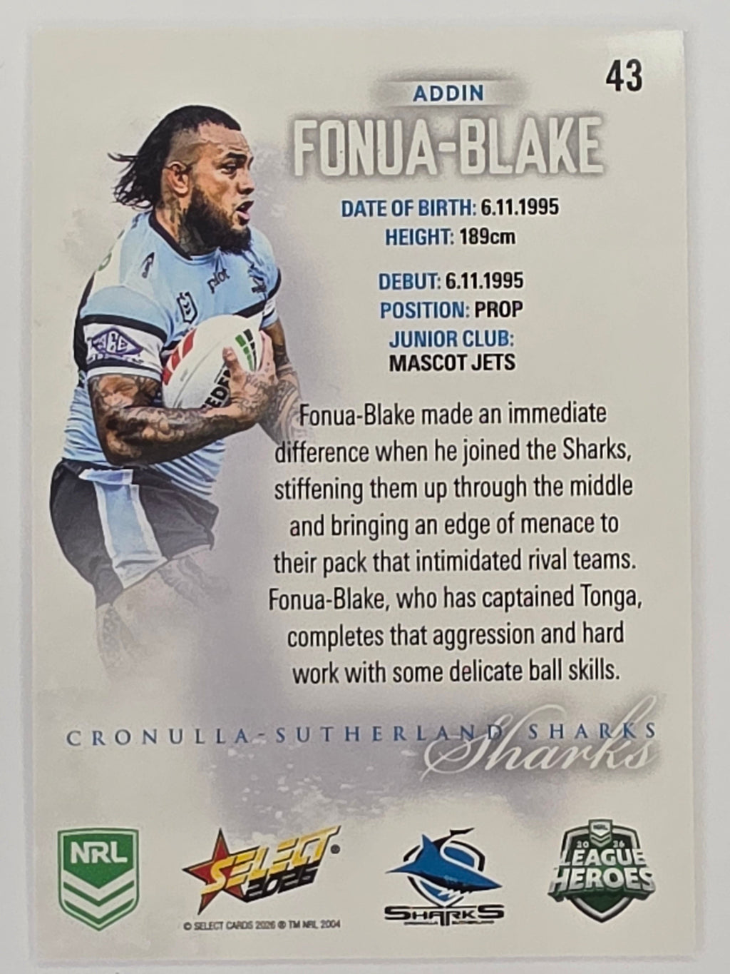 NRL 2026 League Heroes | Base | #043 | Addin Fonua-Blake | Cronulla Sharks