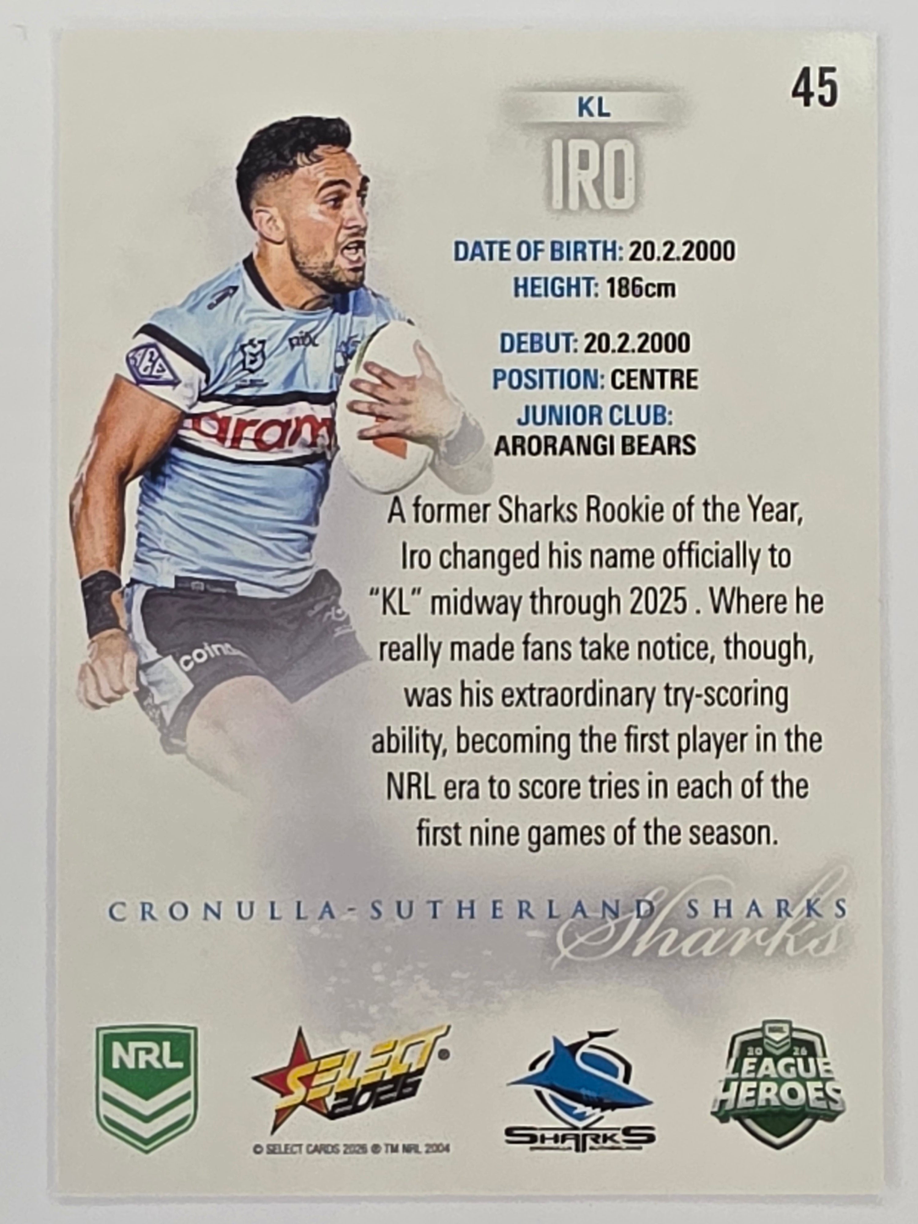 NRL 2026 League Heroes | Base | #045 | KL Iro | Cronulla Sharks