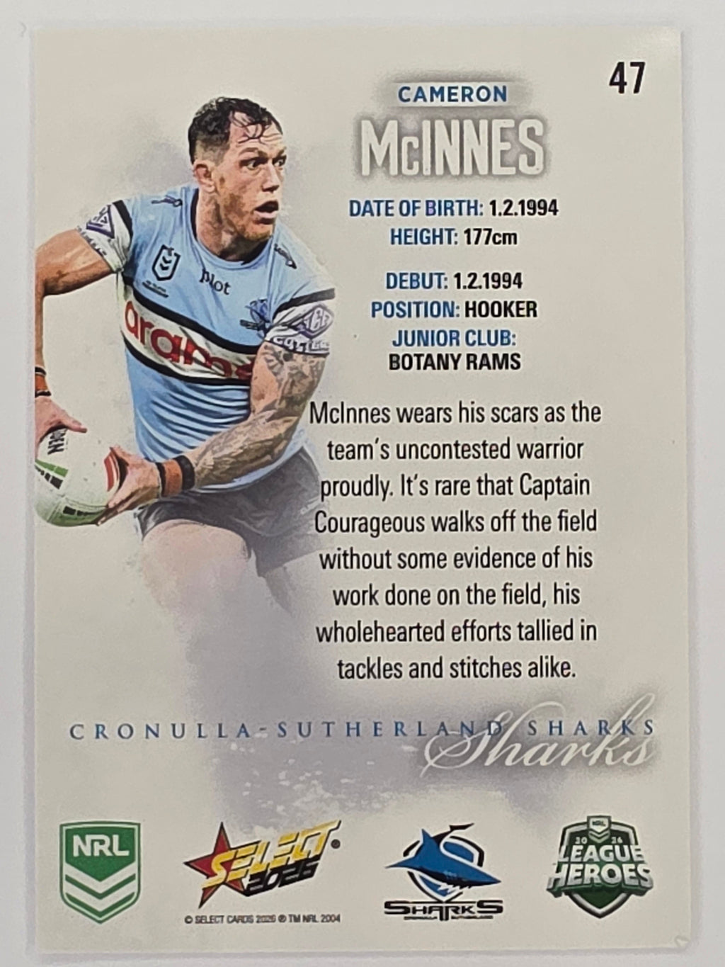NRL 2026 League Heroes | Base | #047 | Cameron McInnes | Cronulla Sharks