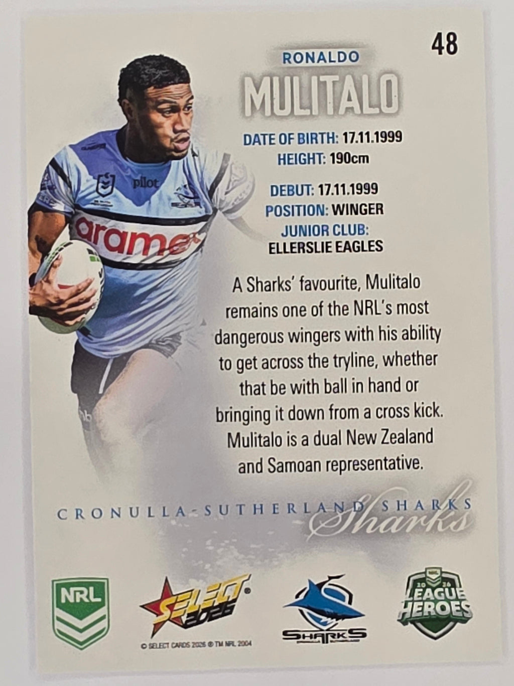 NRL 2026 League Heroes | Base | #048 | Ronaldo Mulitalo | Cronulla Sharks