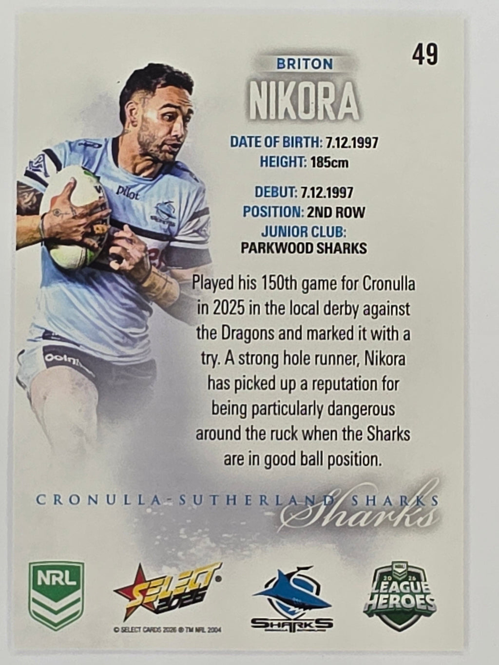 NRL 2026 League Heroes | Base | #049 | Briton Nikora | Cronulla Sharks