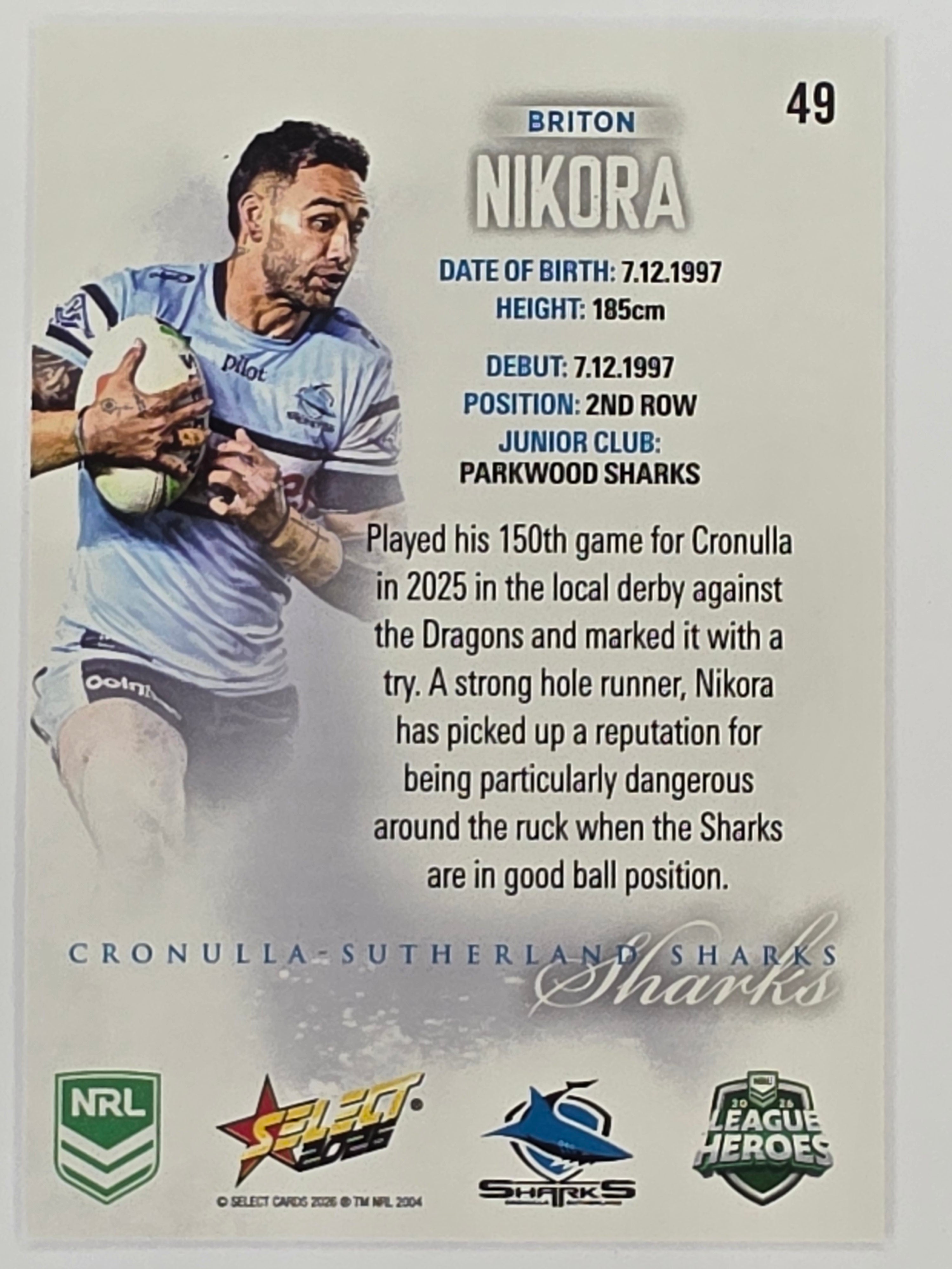 NRL 2026 League Heroes | Base | #049 | Briton Nikora | Cronulla Sharks