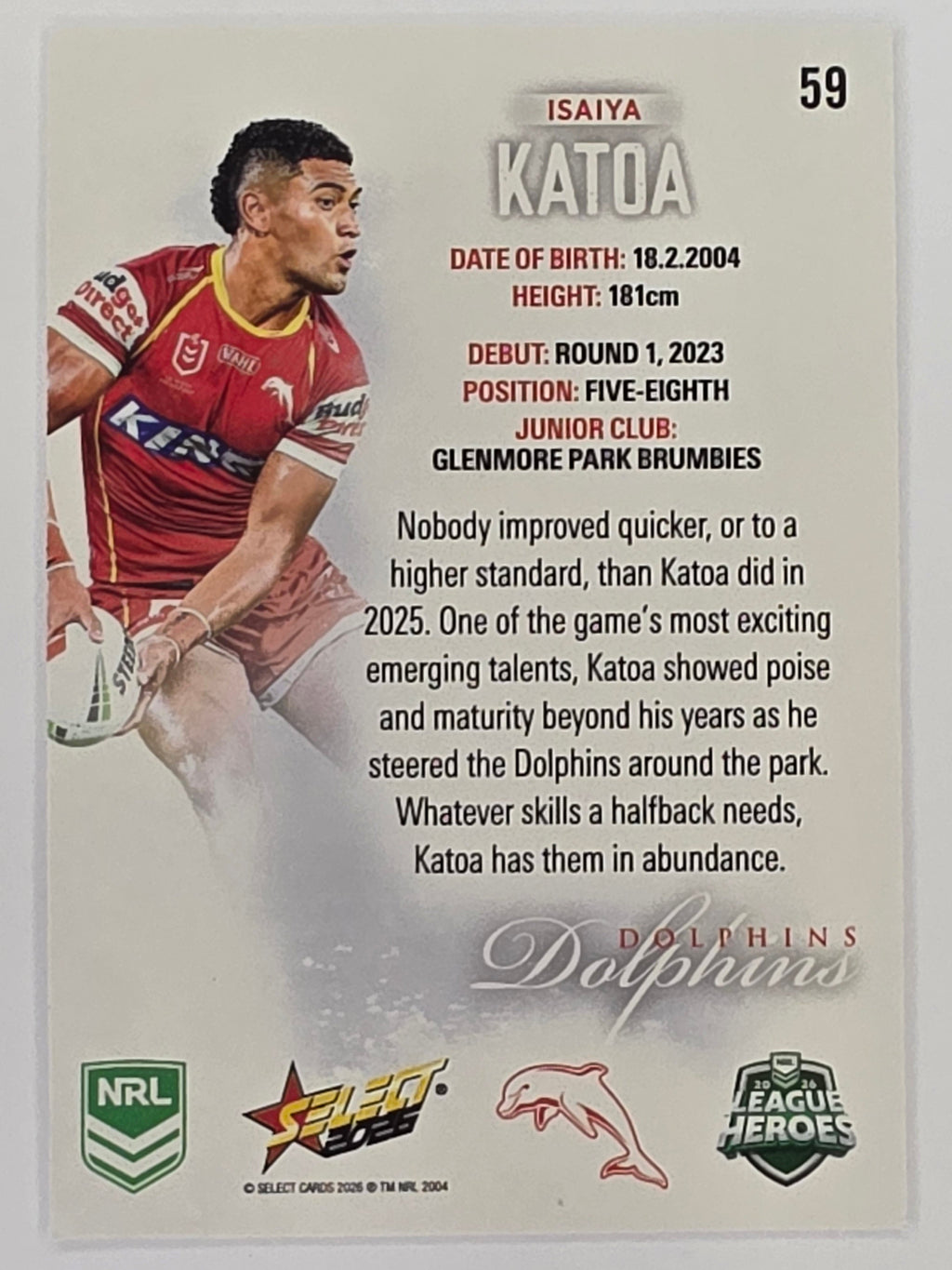 NRL 2026 League Heroes | Base | #059 | Isaiya Katoa | Dolphins