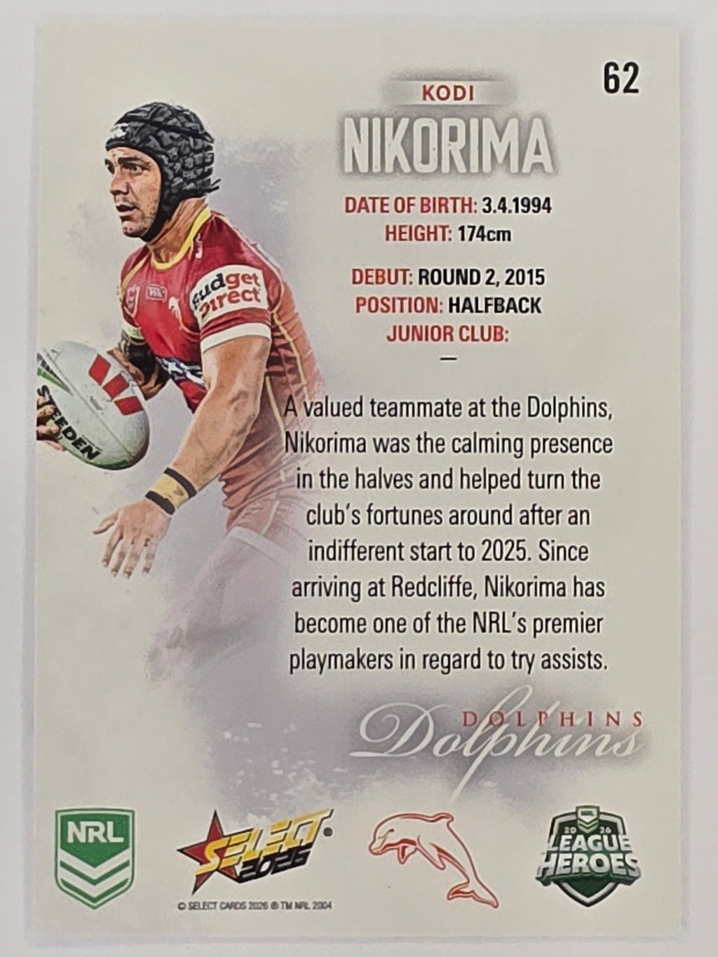 NRL 2026 League Heroes | Base | #062 | Kodi Nikorima | Dolphins