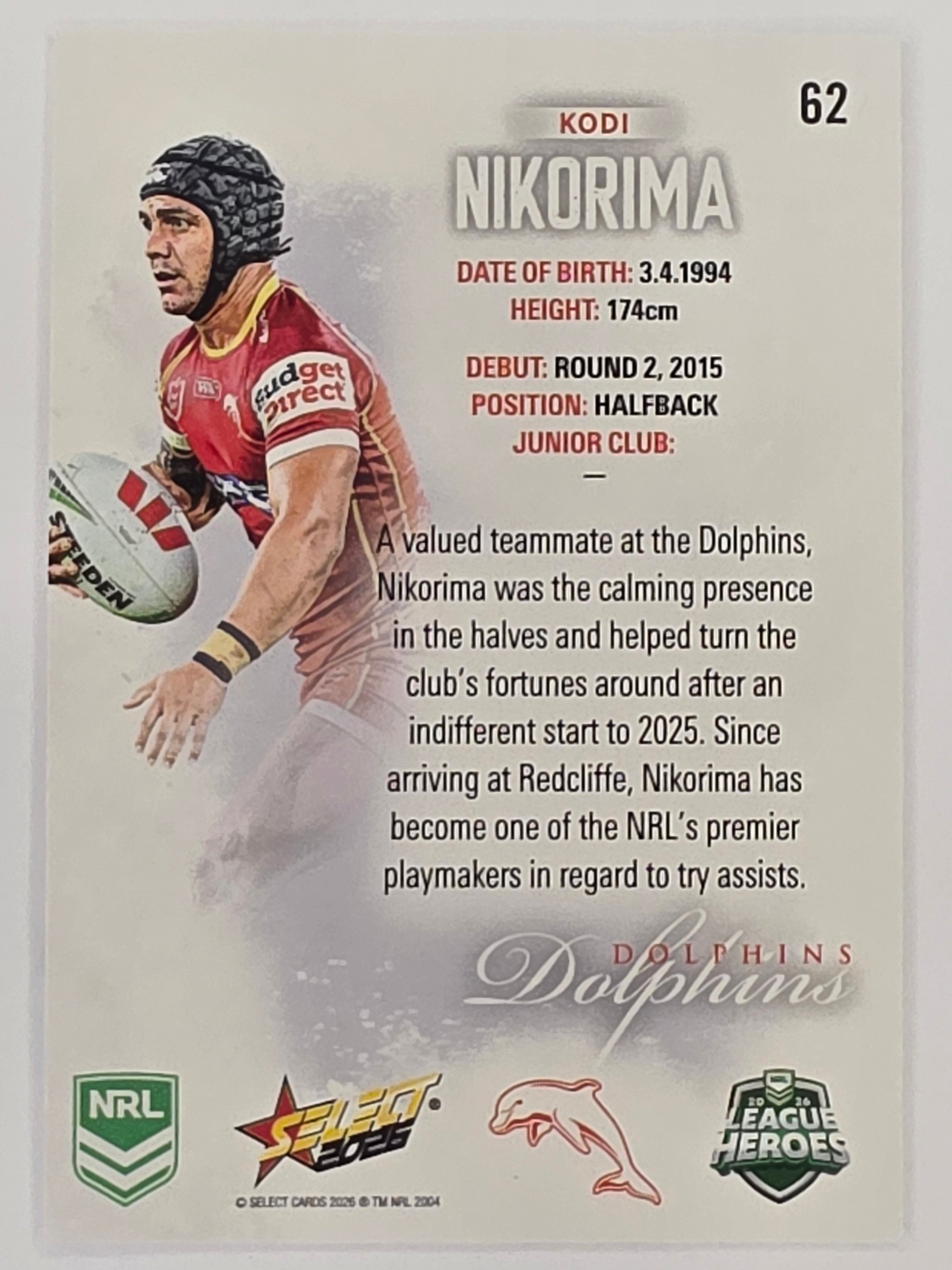 NRL 2026 League Heroes | Base | #062 | Kodi Nikorima | Dolphins