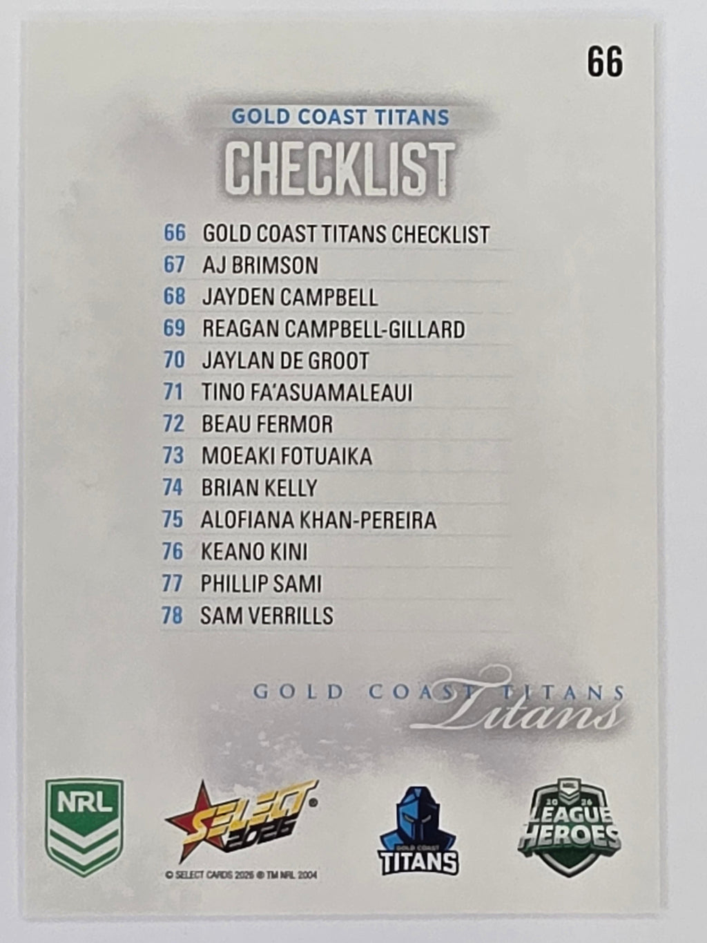 NRL 2026 League Heroes | Base | #066 | Logo | Gold Coast Titans