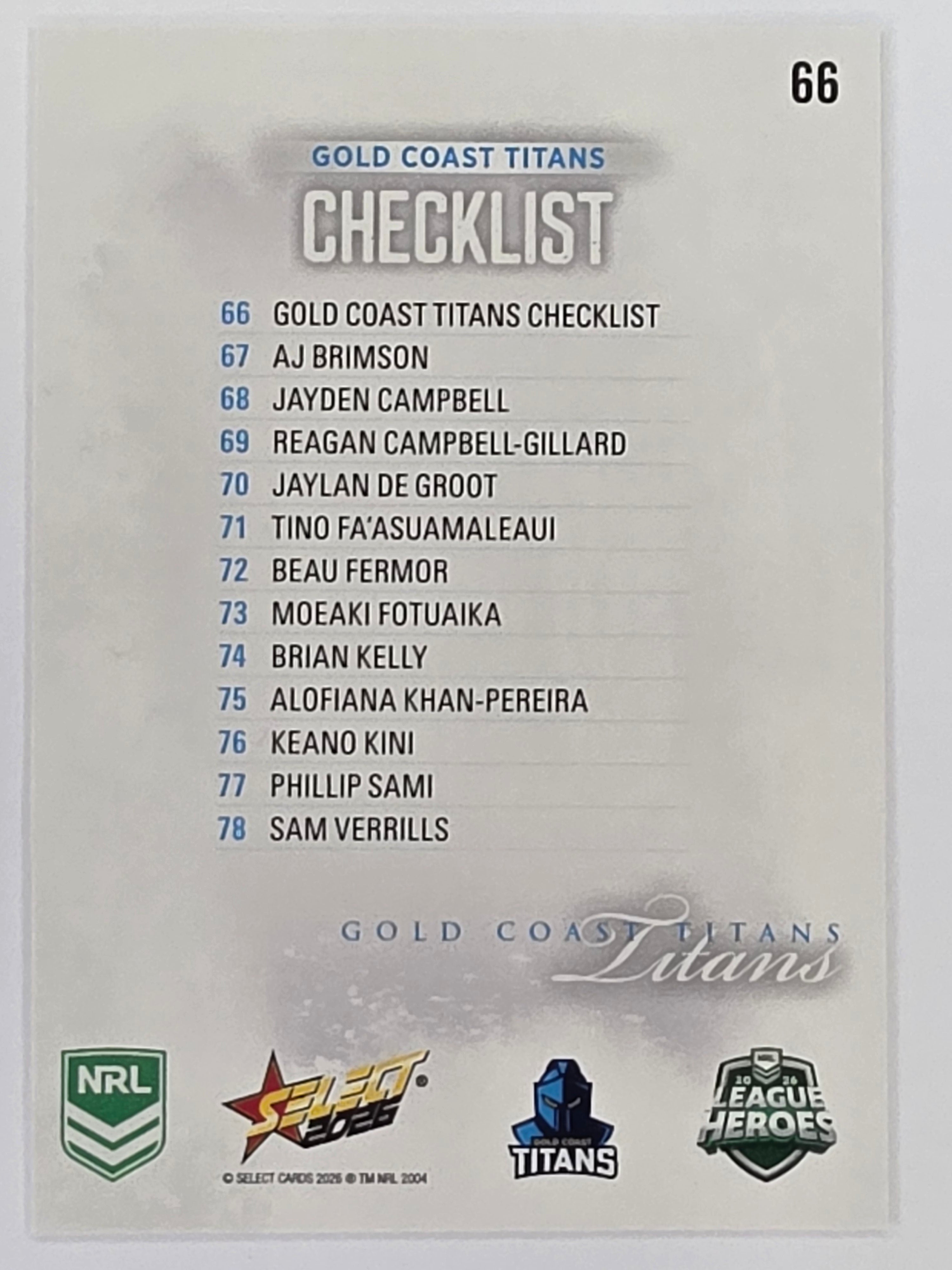 NRL 2026 League Heroes | Base | #066 | Logo | Gold Coast Titans