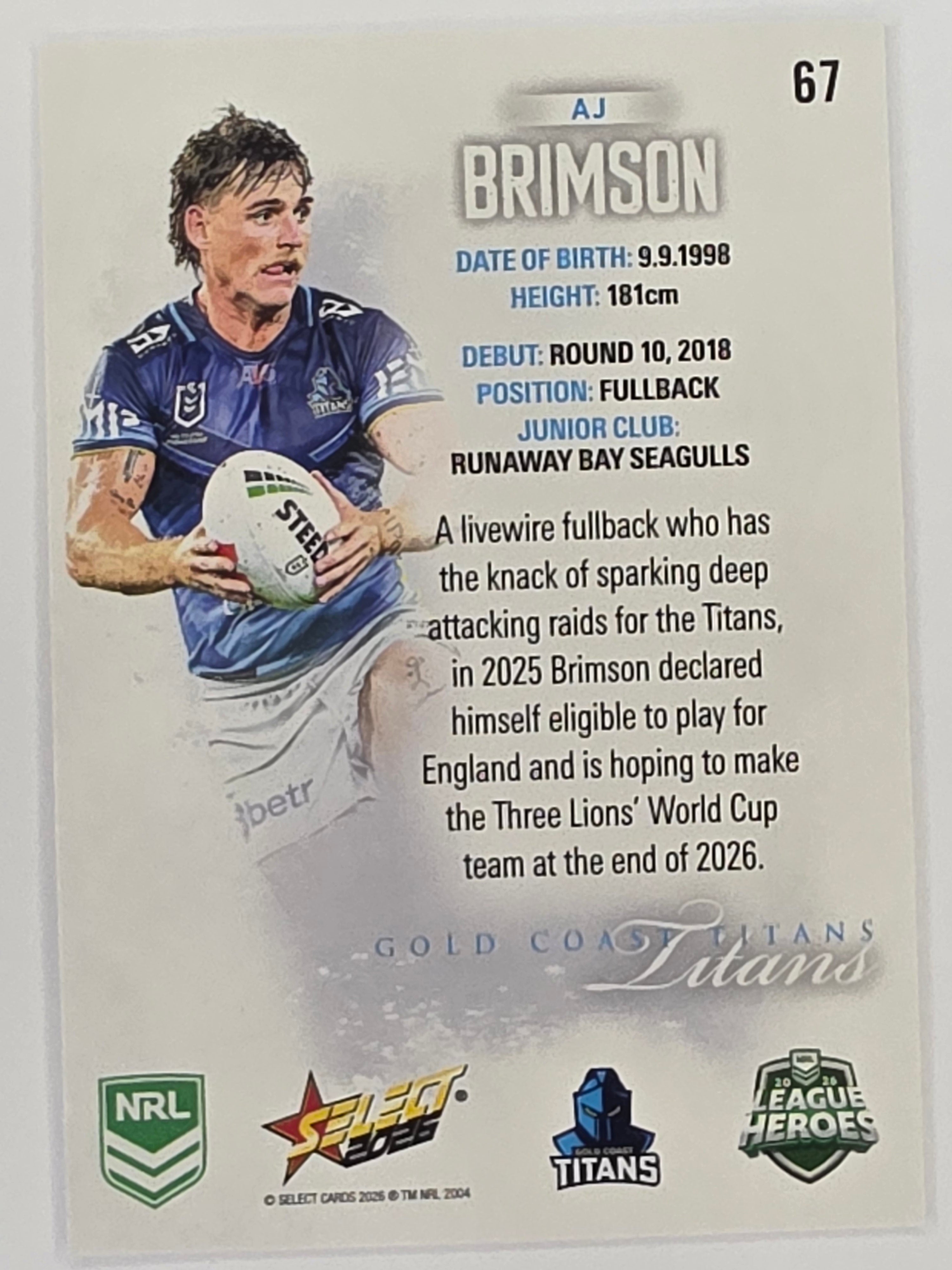 NRL 2026 League Heroes | Base | #067 | AJ Brimson | Gold Coast Titans