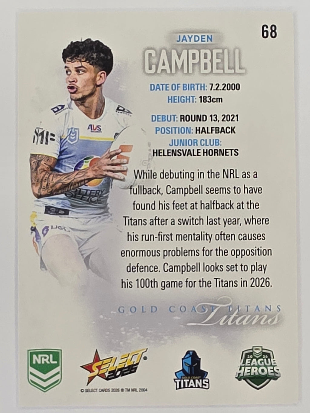 NRL 2026 League Heroes | Base | #068 | Jayden Campbell | Gold Coast Titans