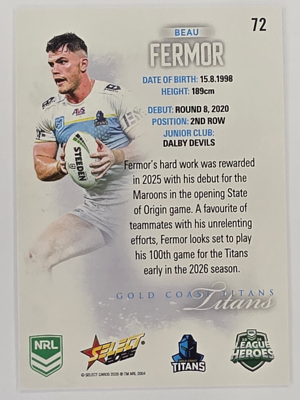 NRL 2026 League Heroes | Base | #072 | Beau Fermor | Gold Coast Titans