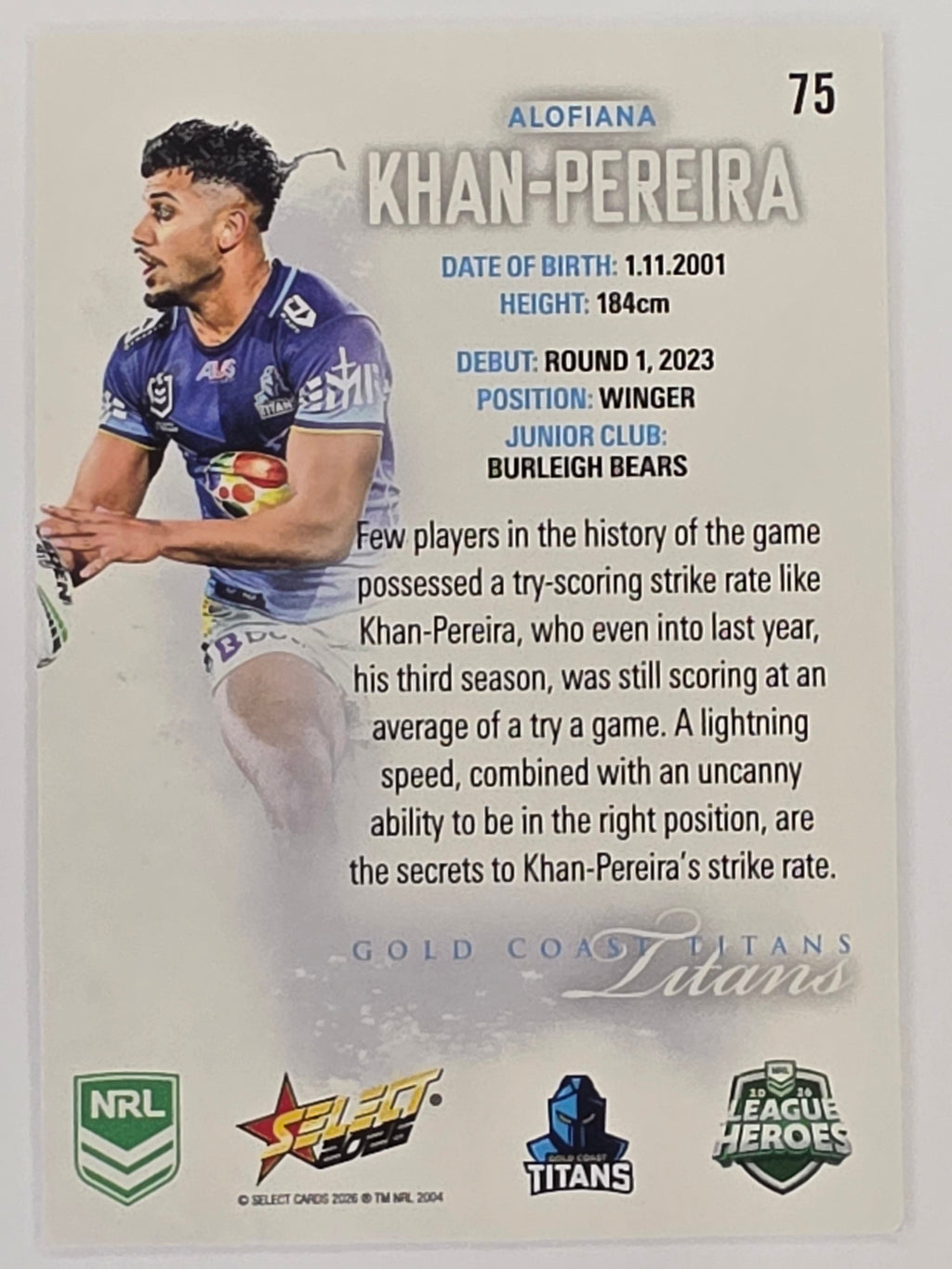 NRL 2026 League Heroes | Base | #075 | Alofiana Khan-Pereira | Gold Coast Titans