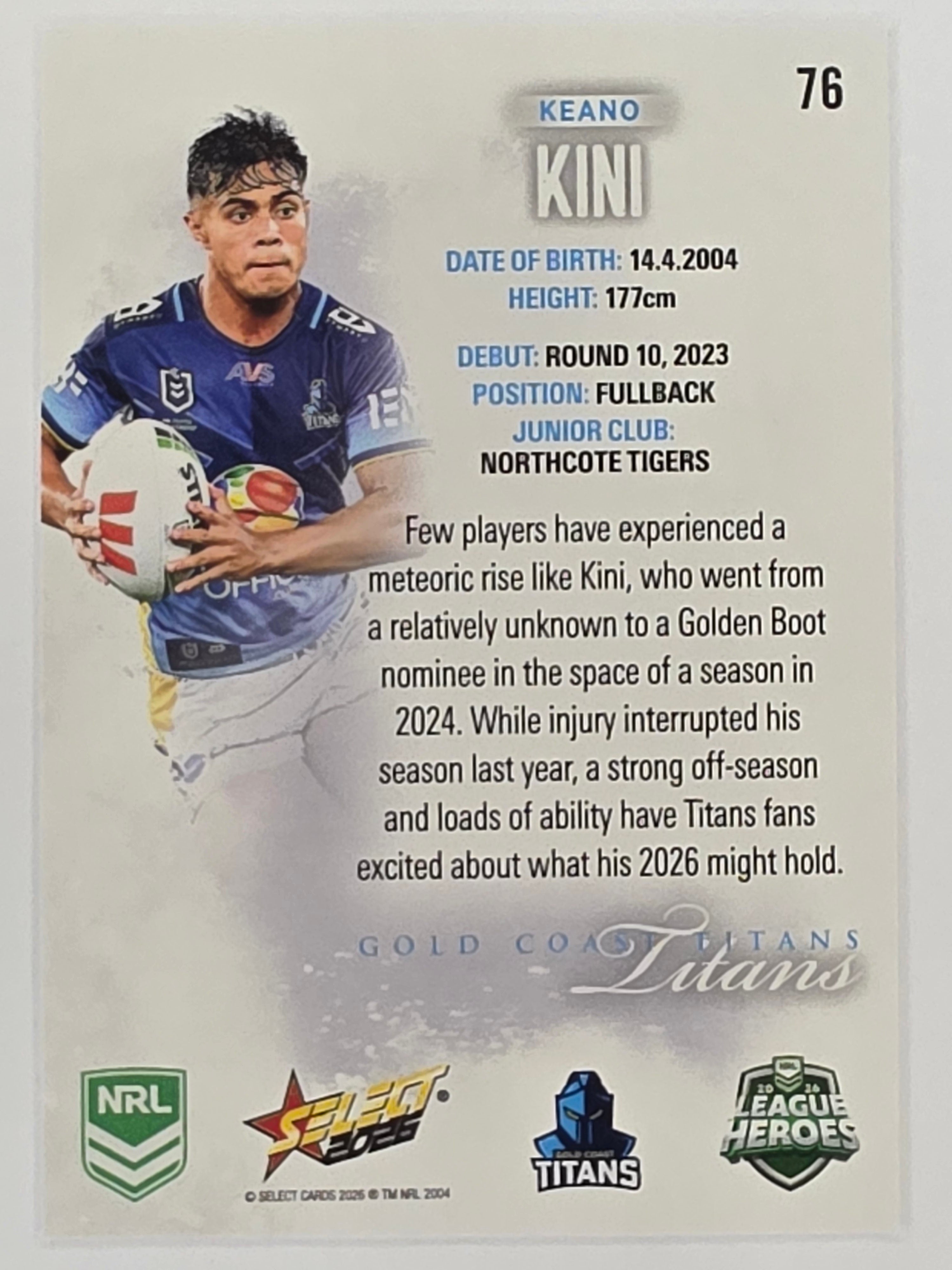 NRL 2026 League Heroes | Base | #076 | Keano Kini | Gold Coast Titans