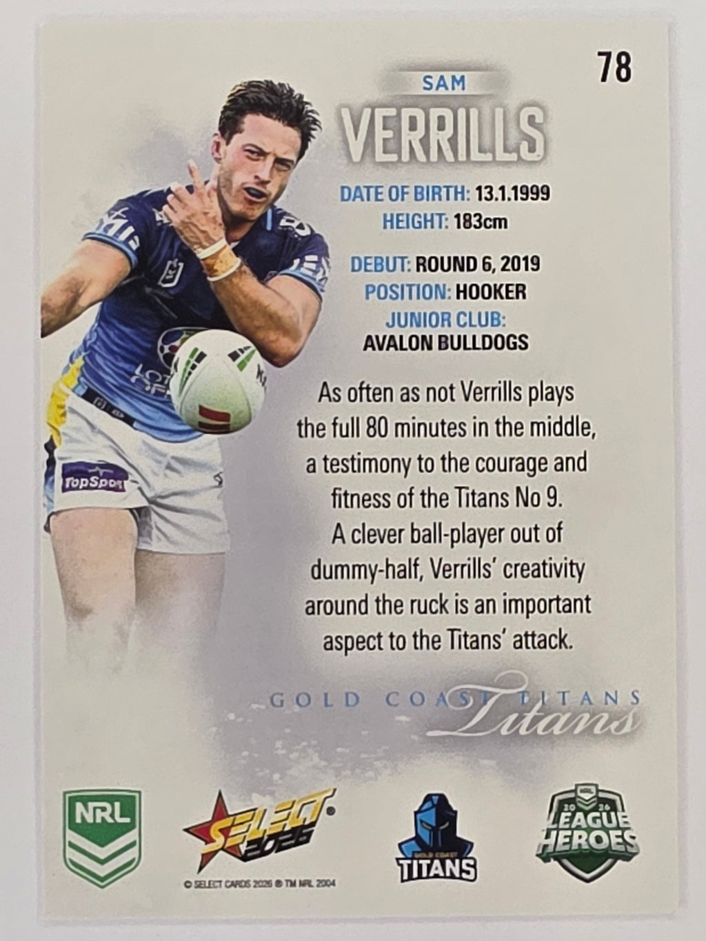 NRL 2026 League Heroes | Base | #078 | Sam Verrills | Gold Coast Titans