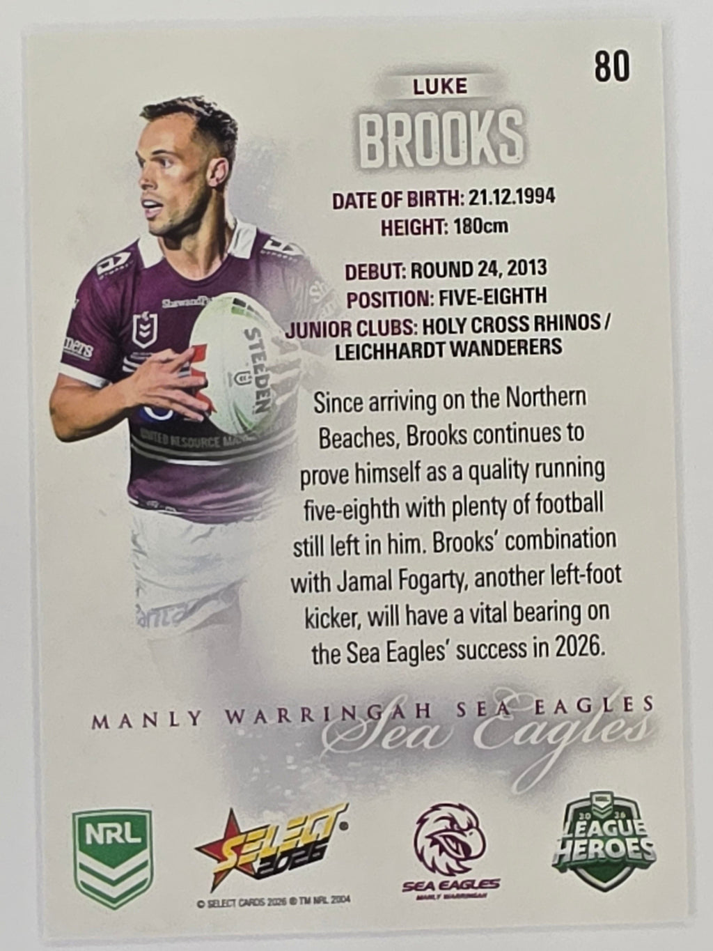 NRL 2026 League Heroes | Base | #080 | Luke Brooks | Manly Sea Eagles