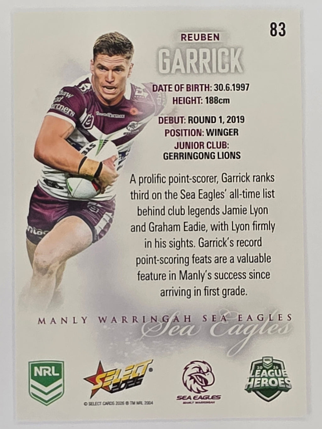 NRL 2026 League Heroes | Base | #083 | Reuben Garrick | Manly Sea Eagles