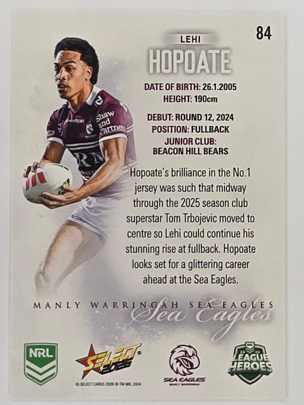 NRL 2026 League Heroes | Base | #084 | Lehi Hopoate | Manly Sea Eagles