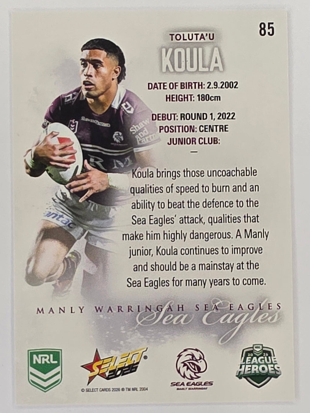 NRL 2026 League Heroes | Base | #085 | Toluta’u Koula | Manly Sea Eagles