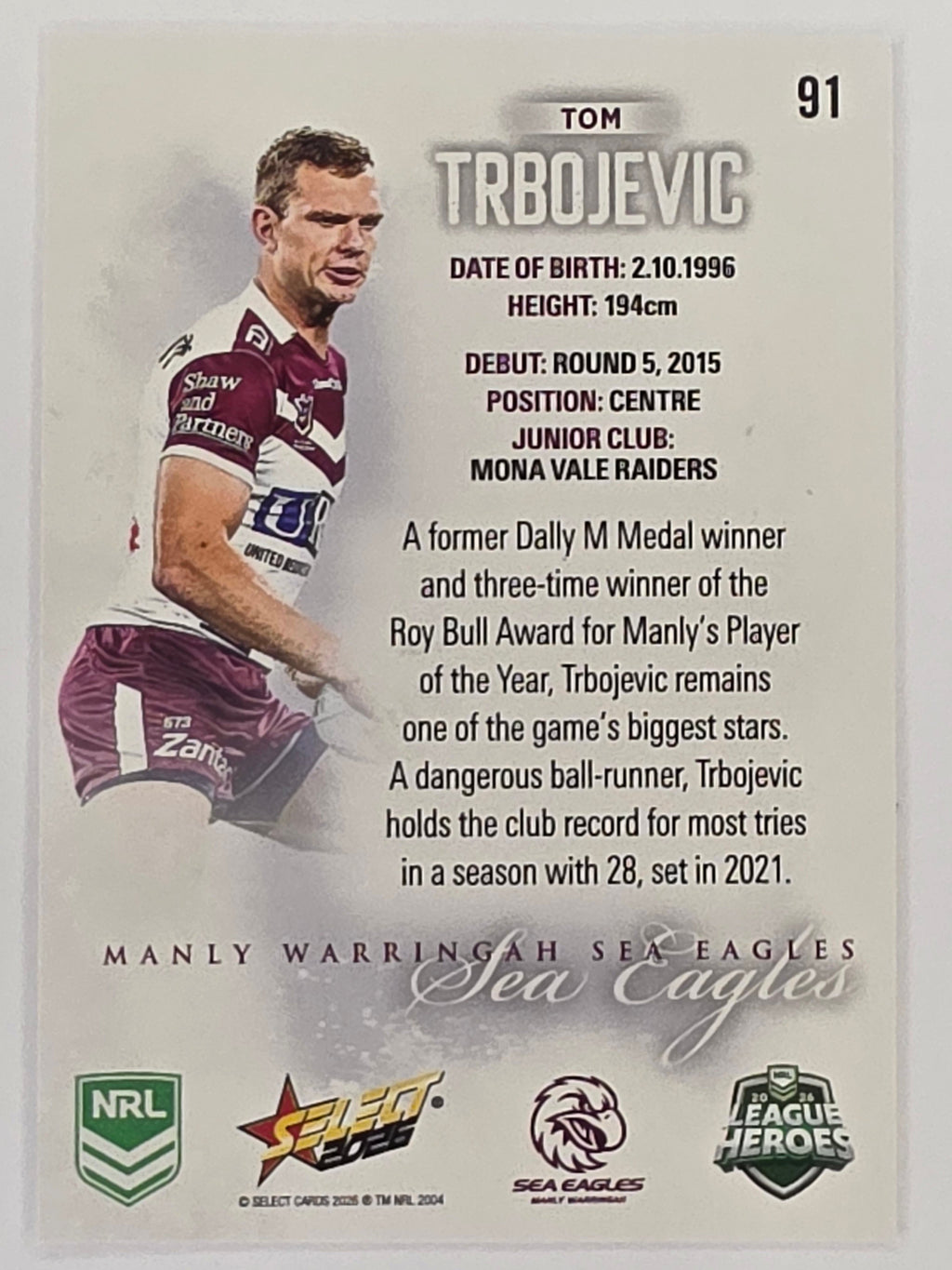 NRL 2026 League Heroes | Base | #091 | Tom Trbojevic | Manly Sea Eagles