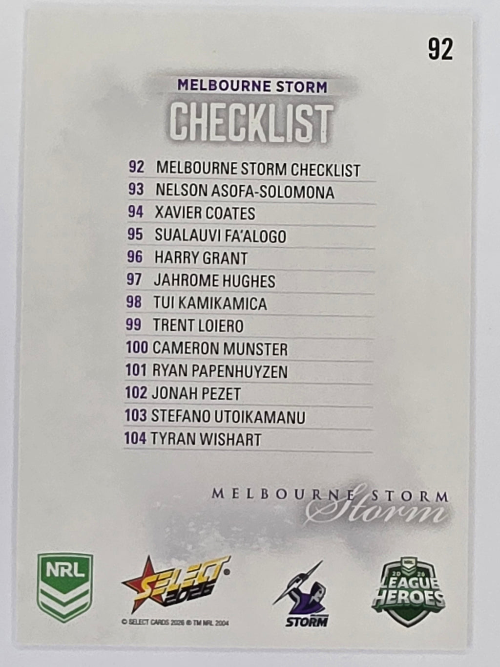 NRL 2026 League Heroes | Base | #092 | Logo | Melbourne Storm