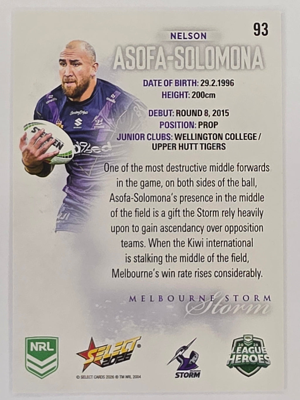 NRL 2026 League Heroes | Base | #093 | Nelson Asofa-Solomona | Melbourne Storm