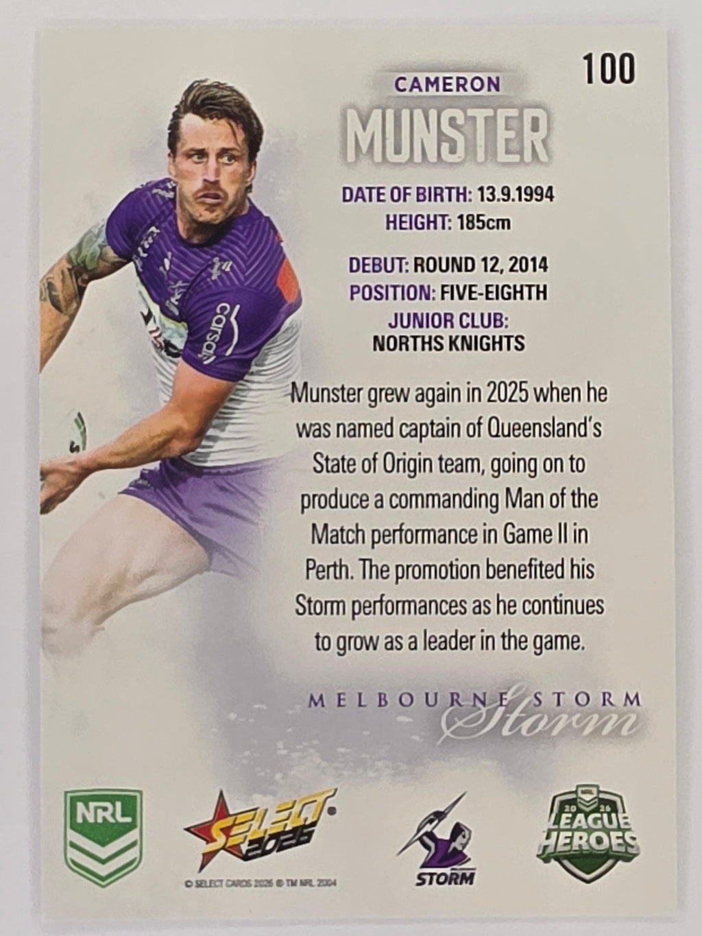 NRL 2026 League Heroes | Base | #100 | Cameron Munster | Melbourne Storm
