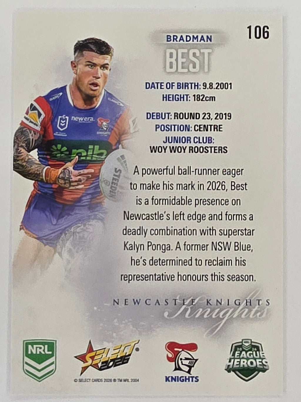 NRL 2026 League Heroes | Base | #106 | Bradman Best | Newcastle Knights