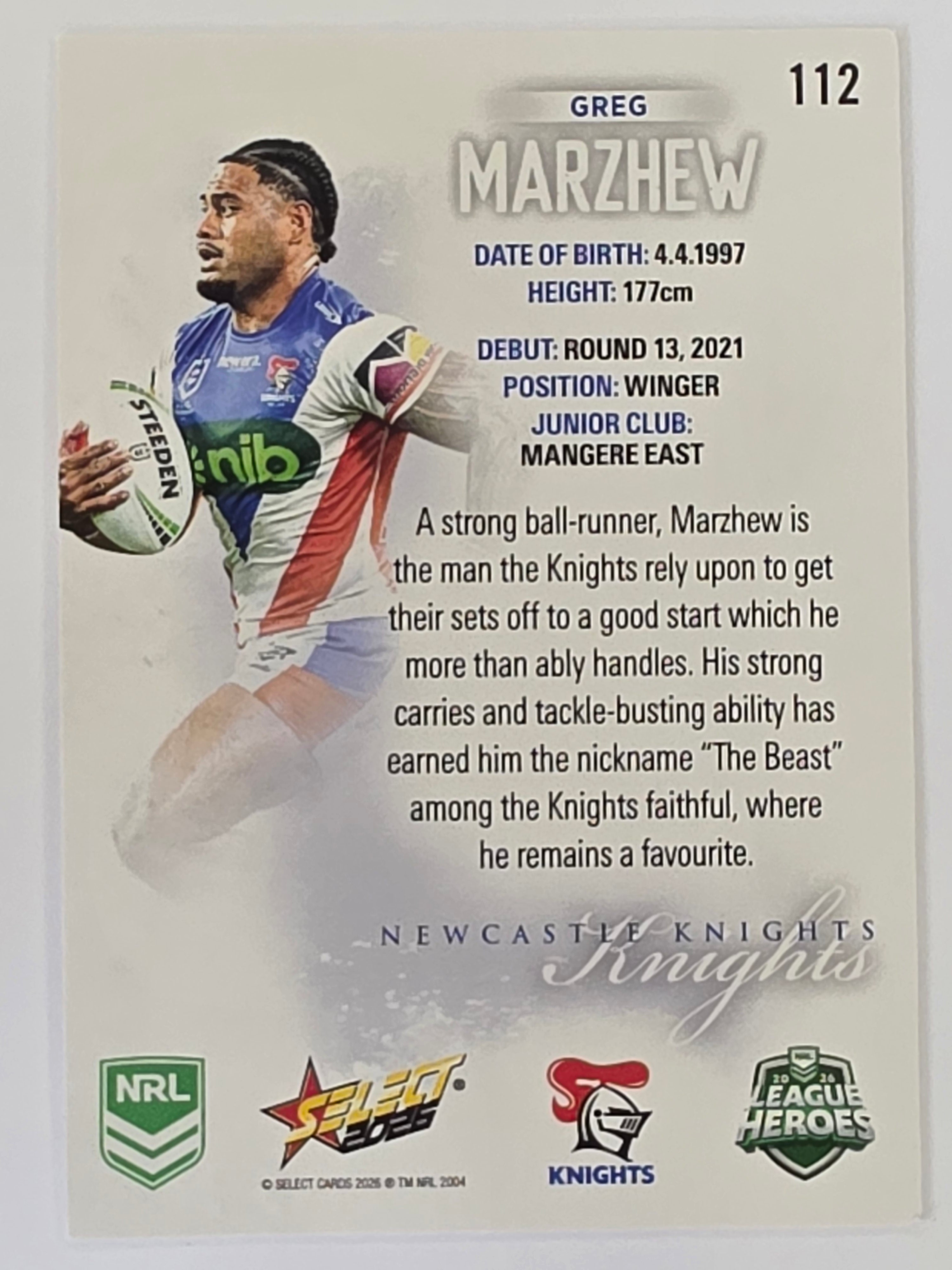 NRL 2026 League Heroes | Base | #112 | Greg Marzhew | Newcastle Knights