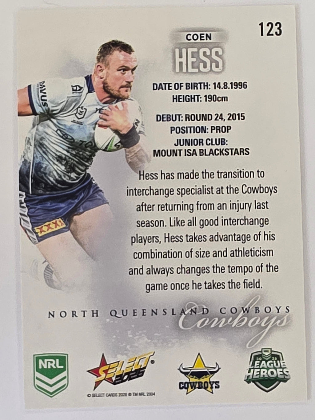 NRL 2026 League Heroes | Base | #123 | Coen Hess | North Queensland Cowboys