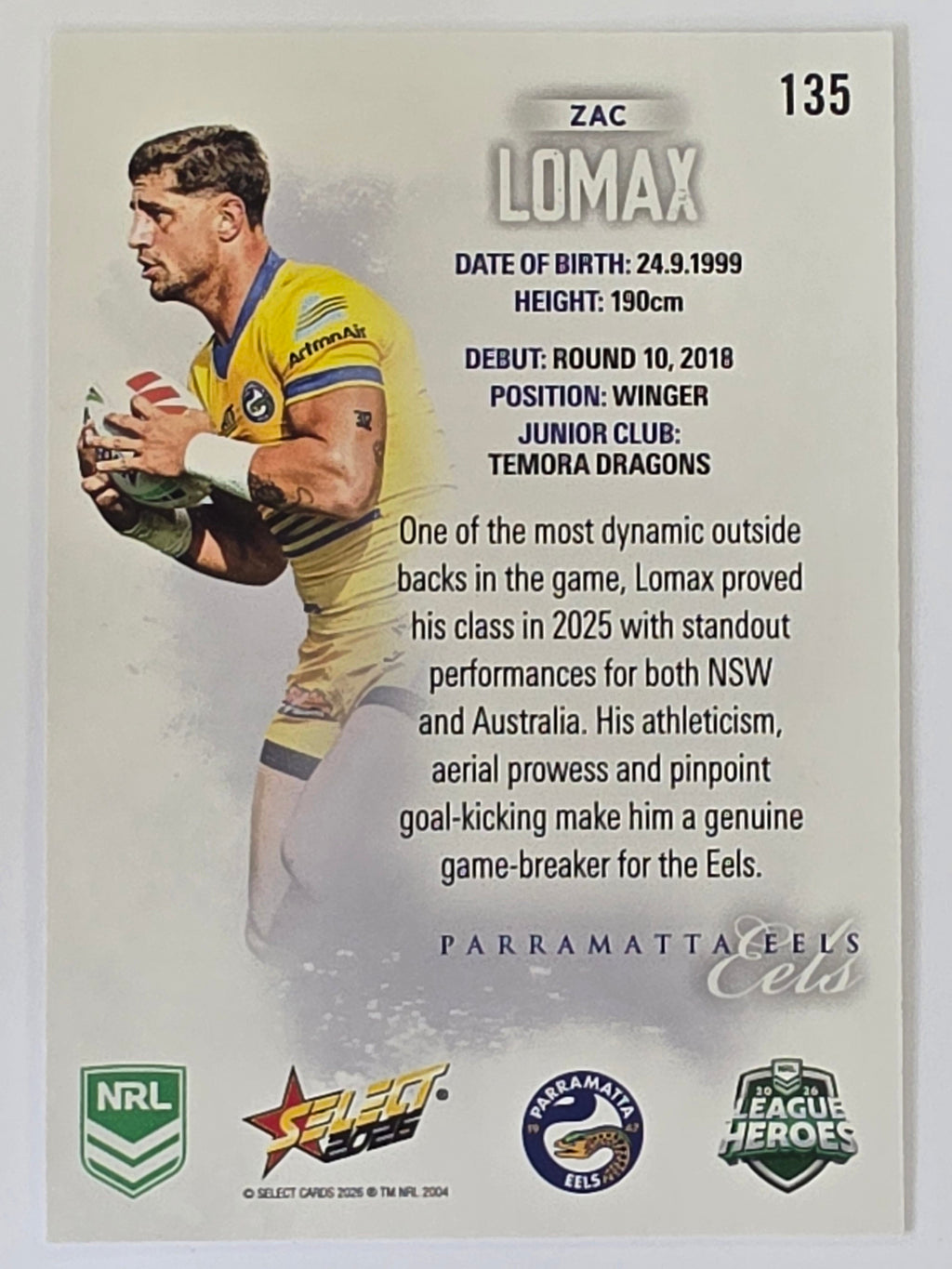 NRL 2026 League Heroes | Base | #135 | Zac Lomax | Parramatta Eels