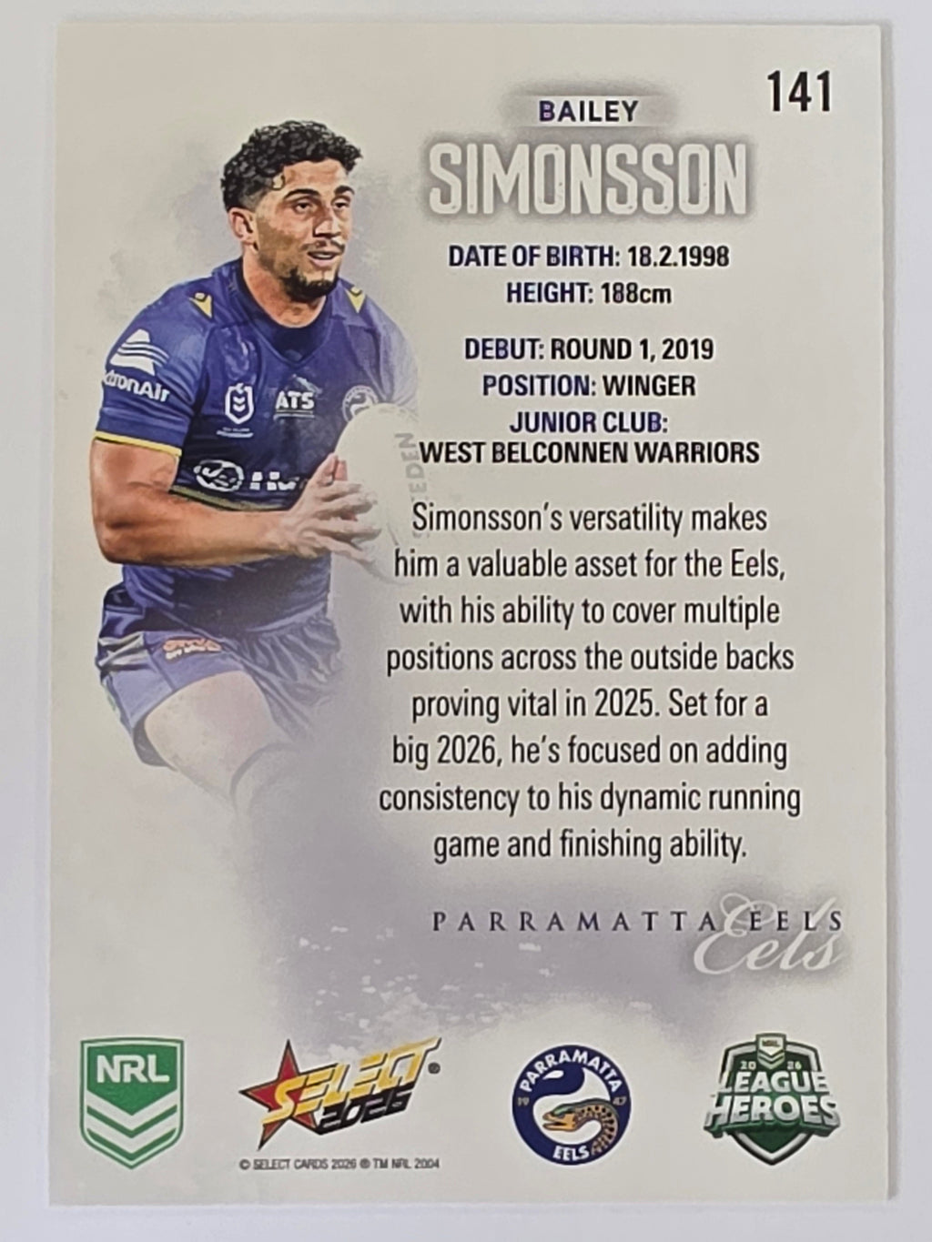 NRL 2026 League Heroes | Base | #141 | Bailey Simonsson | Parramatta Eels