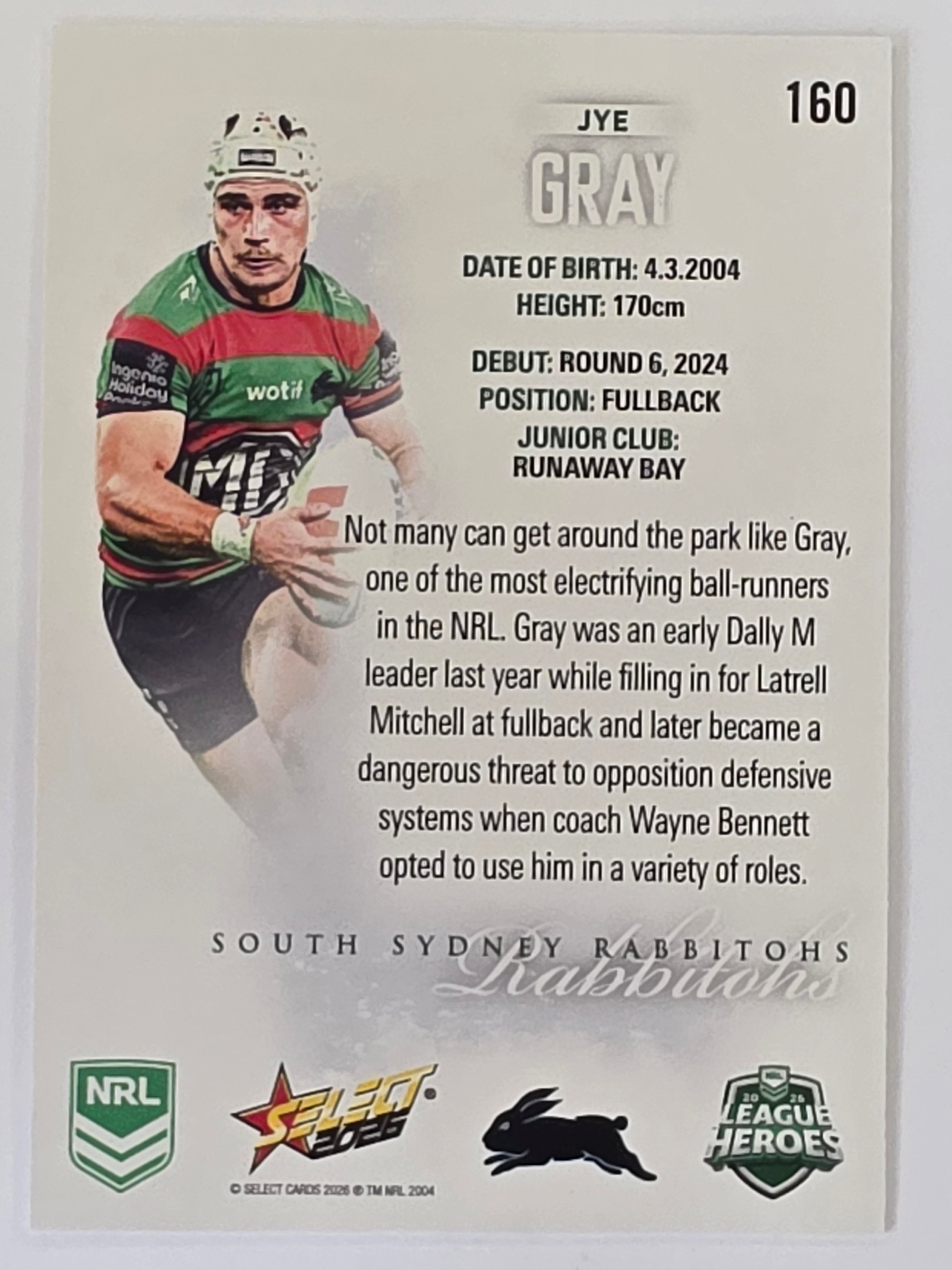NRL 2026 League Heroes | Base | #160 | Jye Gray | South Sydney Rabbitohs