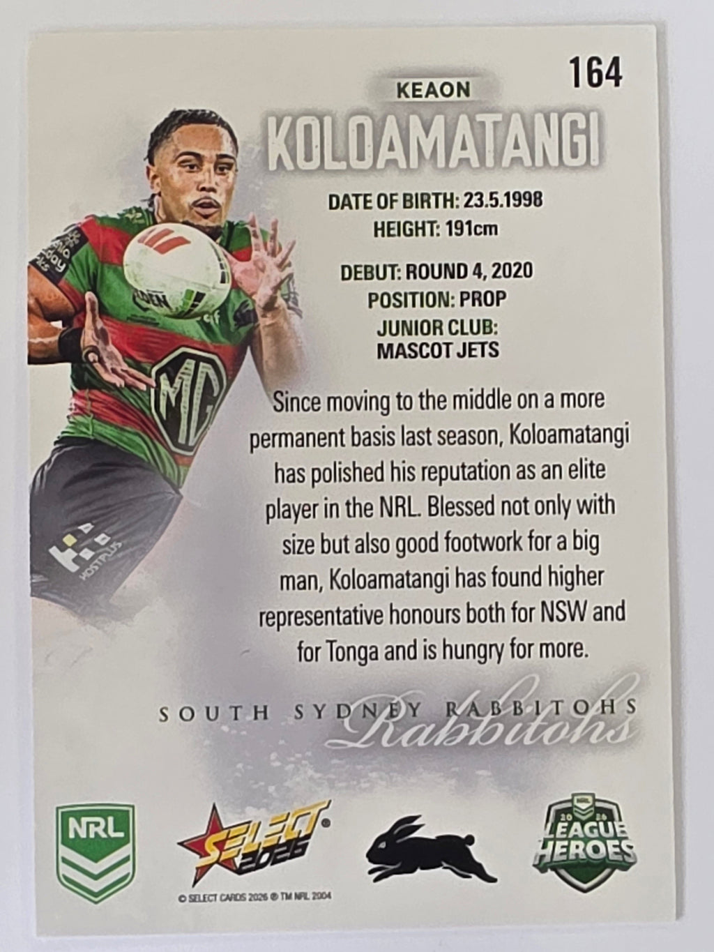 NRL 2026 League Heroes | Base | #164 | Keaon Koloamatangi | South Sydney Rabbitohs