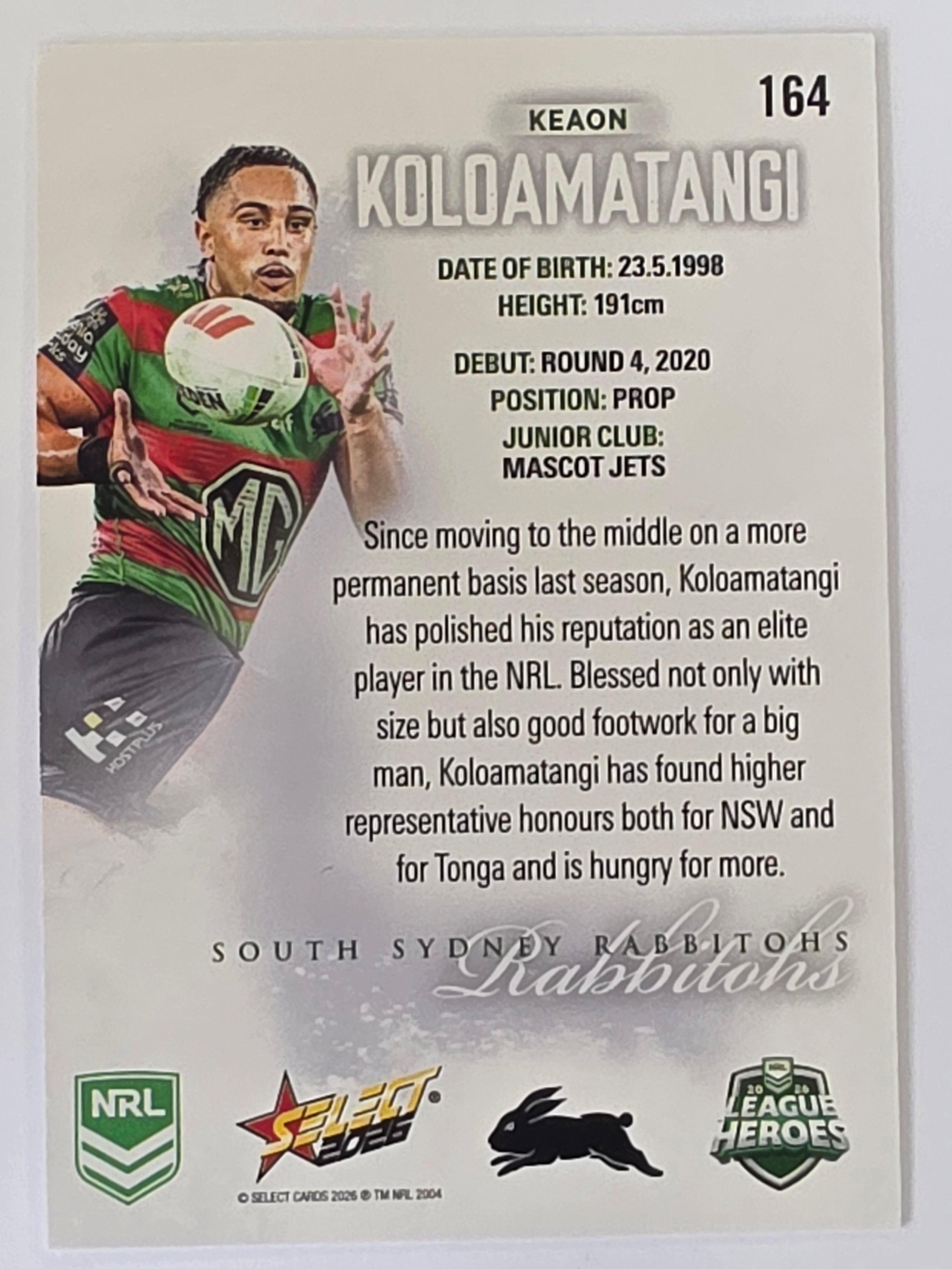 NRL 2026 League Heroes | Base | #164 | Keaon Koloamatangi | South Sydney Rabbitohs