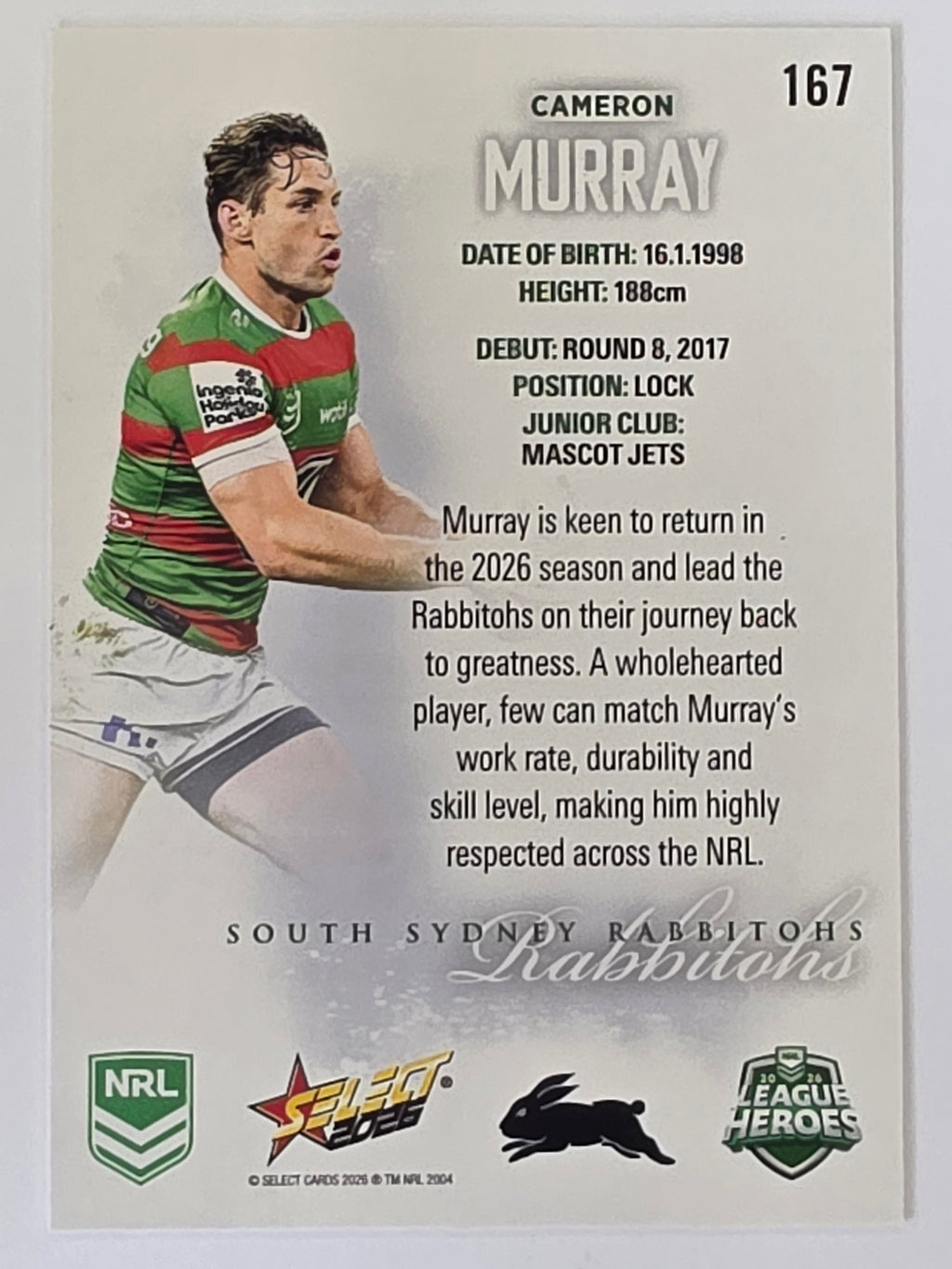 NRL 2026 League Heroes | Base | #167 | Cameron Murray | South Sydney Rabbitohs
