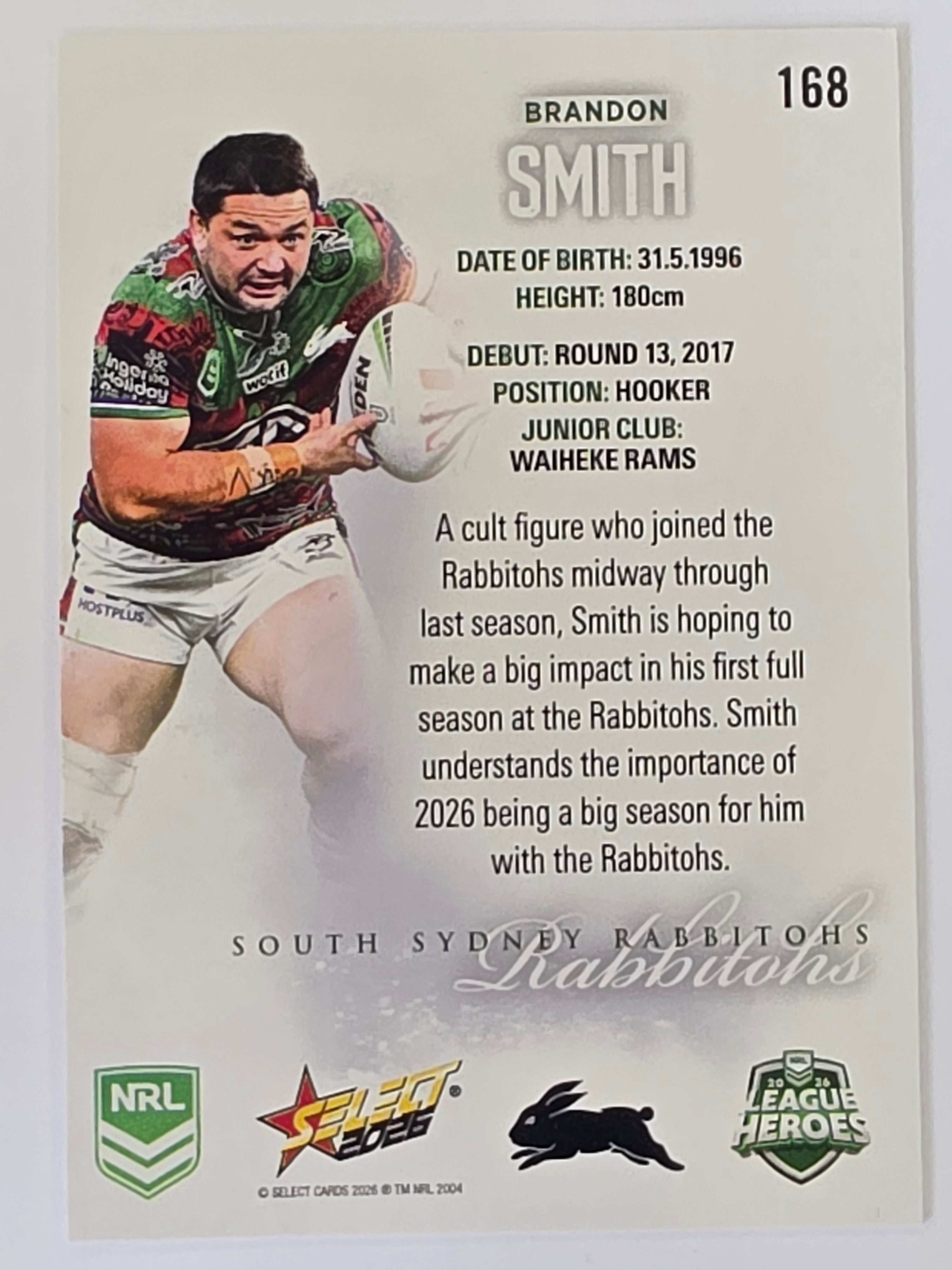 NRL 2026 League Heroes | Base | #168 | Brandon Smith | South Sydney Rabbitohs