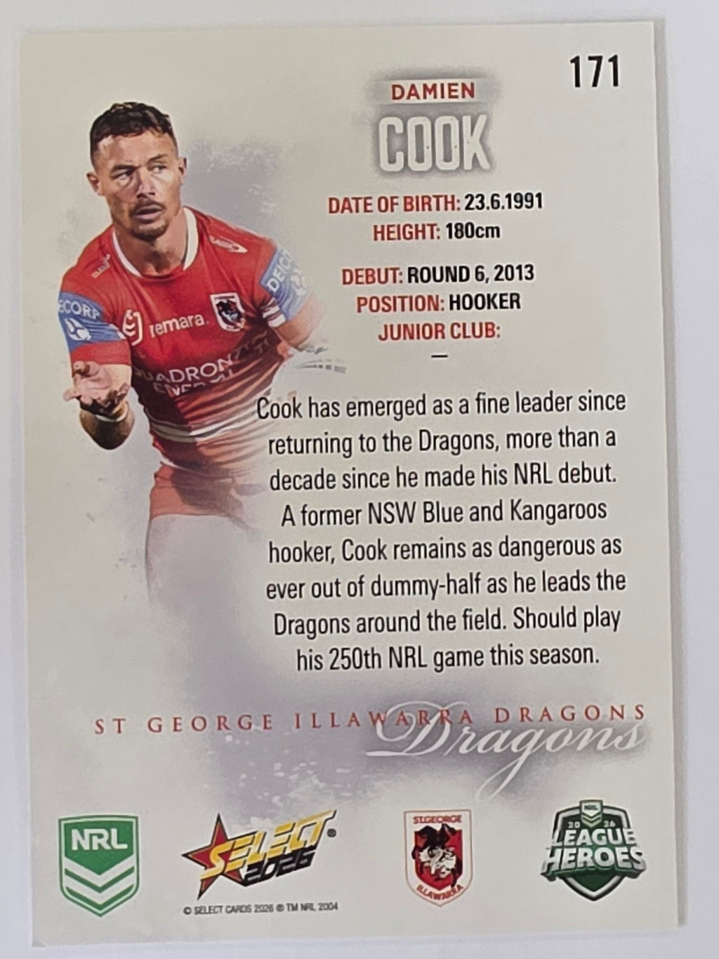 NRL 2026 League Heroes | Base | #171 | Damien Cook | St George Dragons
