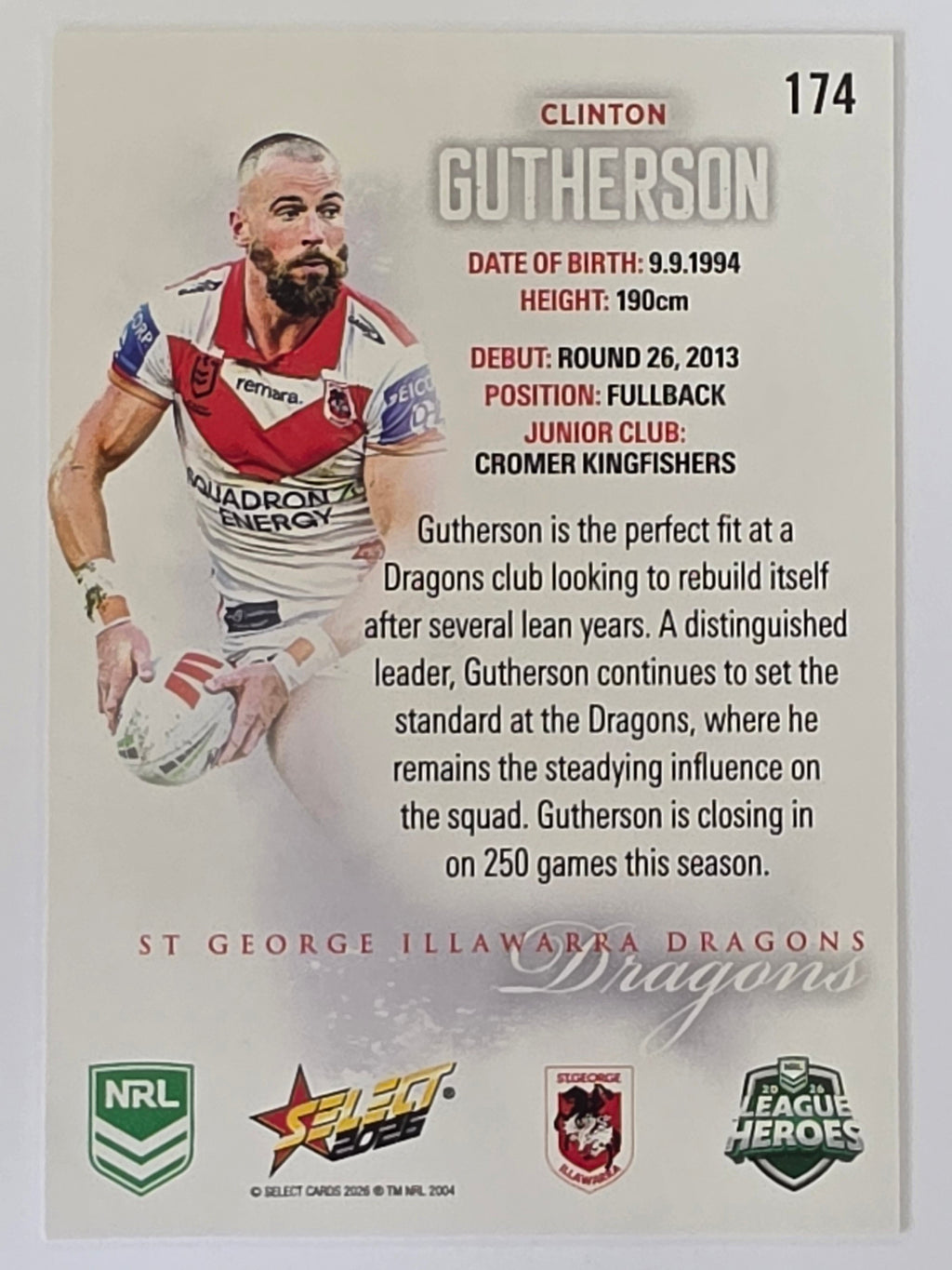 NRL 2026 League Heroes | Base | #174 | Clinton Gutherson | St George Dragons