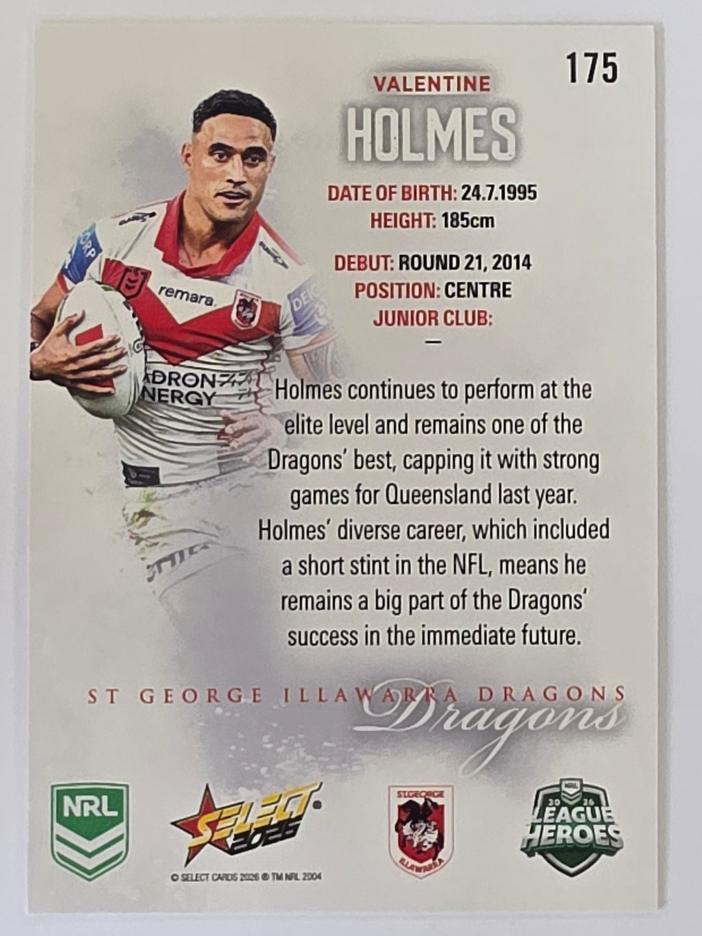NRL 2026 League Heroes | Base | #175 | Valentine Holmes | St George Dragons