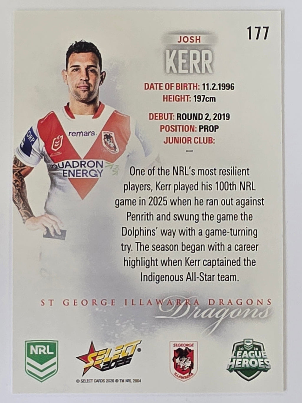 NRL 2026 League Heroes | Base | #177 | Josh Kerr | St George Dragons