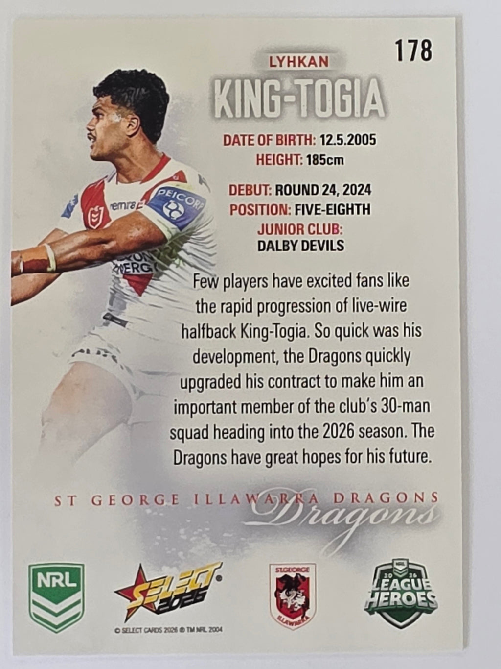 NRL 2026 League Heroes | Base | #178 | Lyhkan King-Togia | St George Dragons