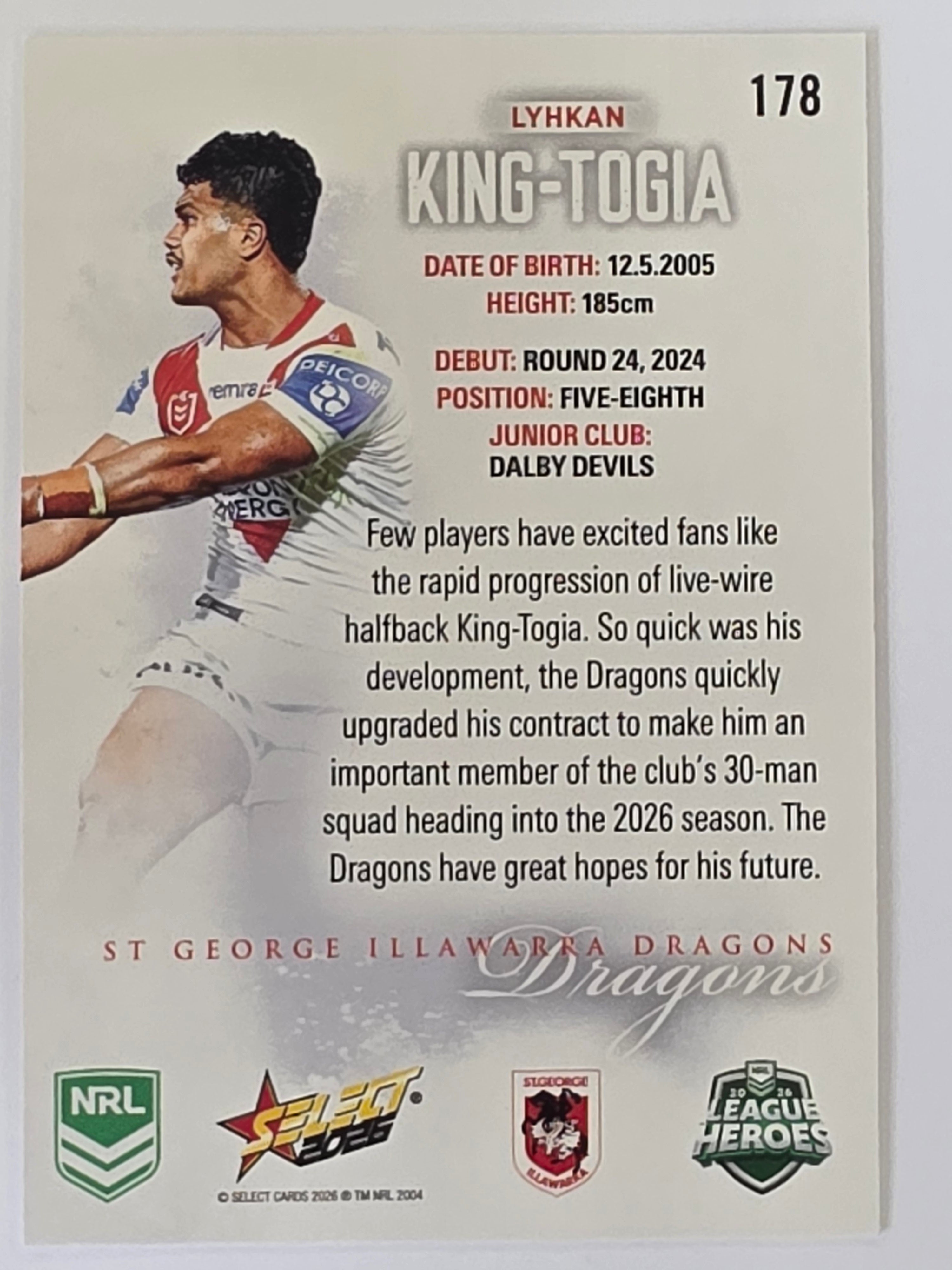 NRL 2026 League Heroes | Base | #178 | Lyhkan King-Togia | St George Dragons