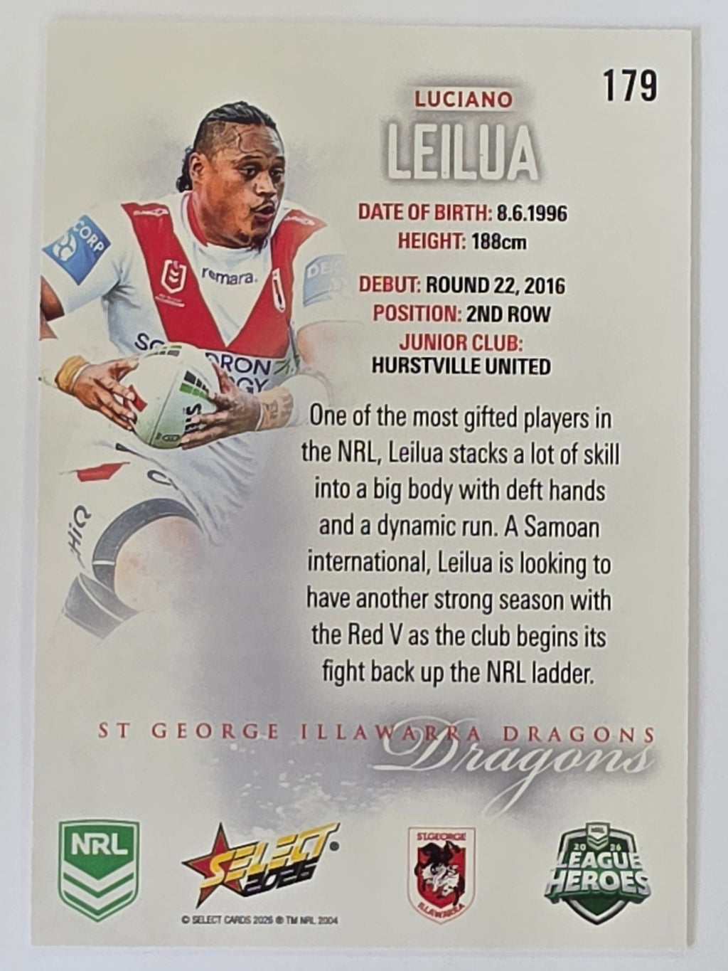 NRL 2026 League Heroes | Base | #179 | Luciano Leilua | St George Dragons