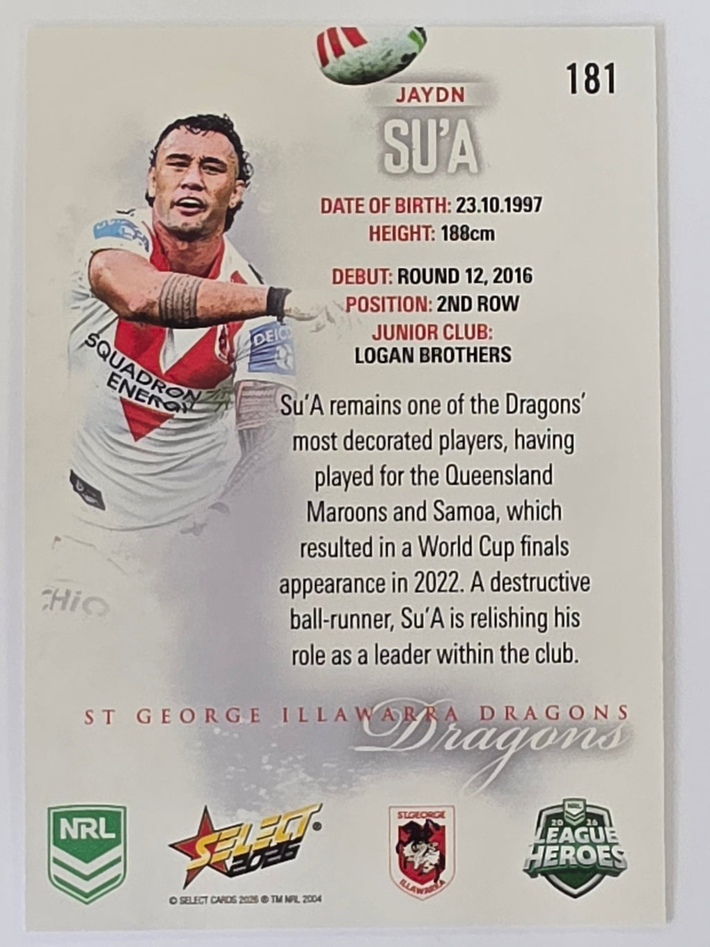 NRL 2026 League Heroes | Base | #181 | Jaydn Su’a | St George Dragons