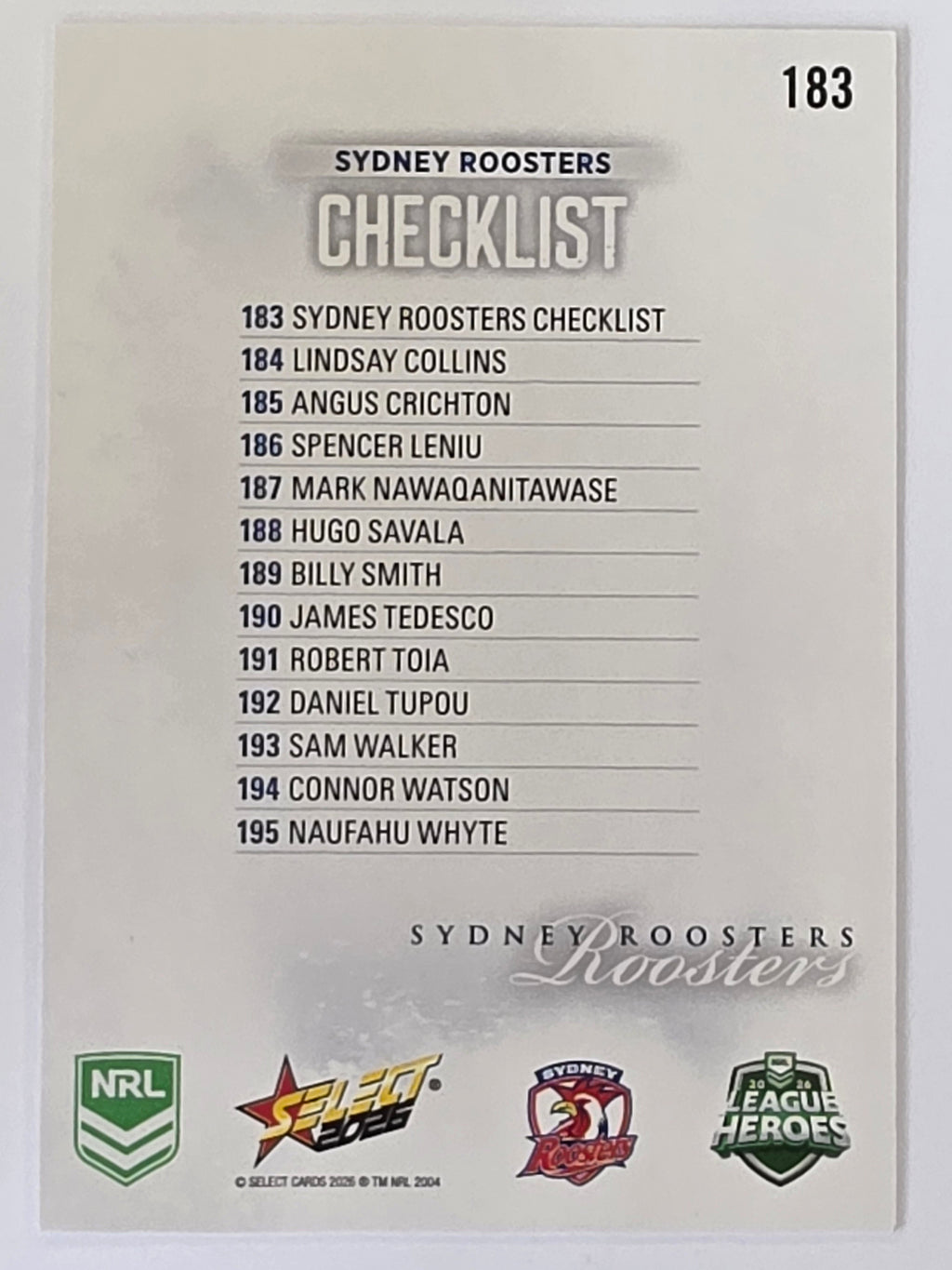 NRL 2026 League Heroes | Base | #183 | Logo | Sydney Roosters