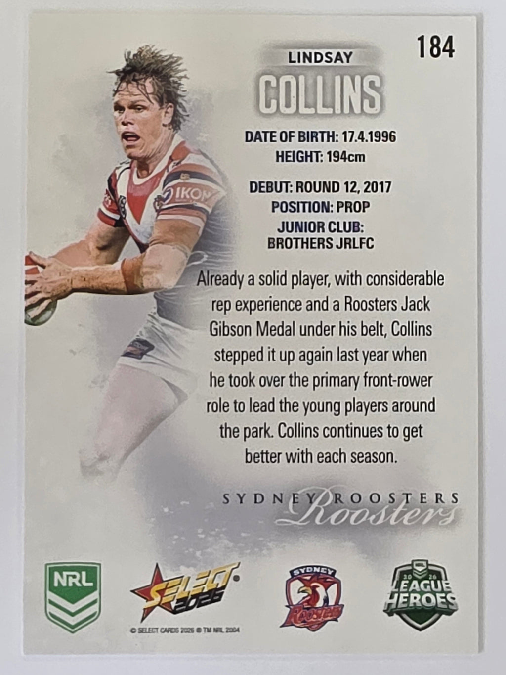 NRL 2026 League Heroes | Base | #184 | Lindsay Collins | Sydney Roosters