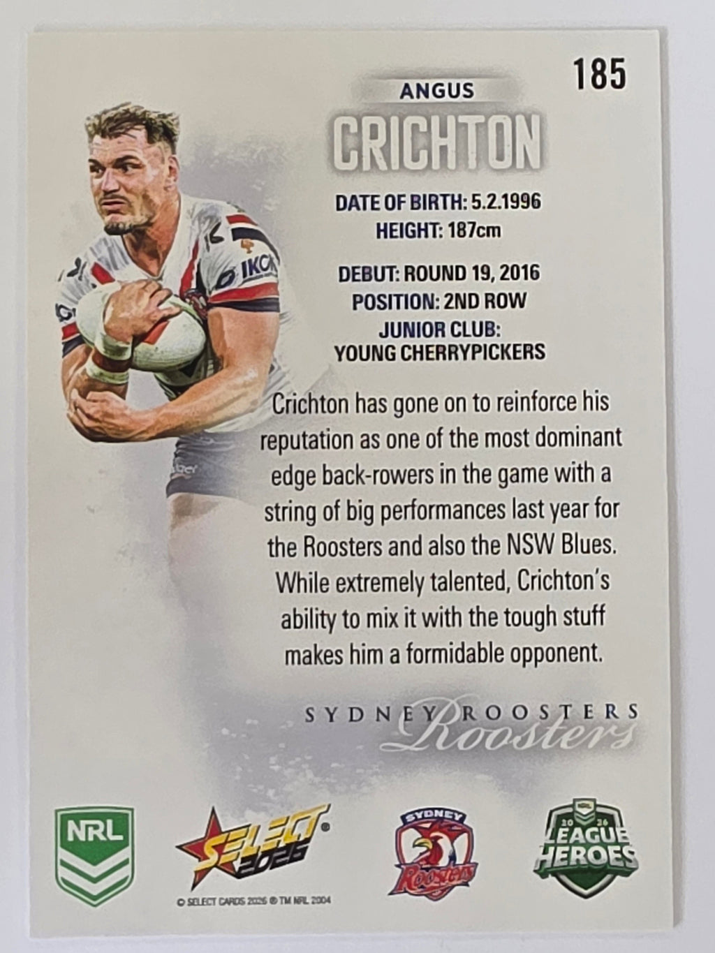 NRL 2026 League Heroes | Base | #185 | Angus Crichton | Sydney Roosters